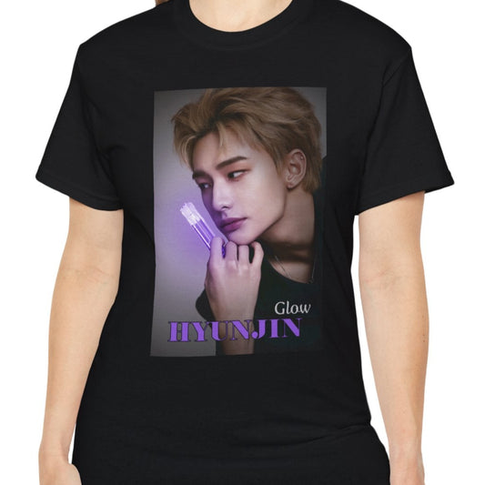 Hyunjin Stray Kids Unisex T-Shirt in black, featuring a glowing purple neon lipstick design. The soft light highlights his delicate features, capturing his subtle elegance. Printed on a high-quality cotton tee, available in XS-5XL. ModeK Vetements.