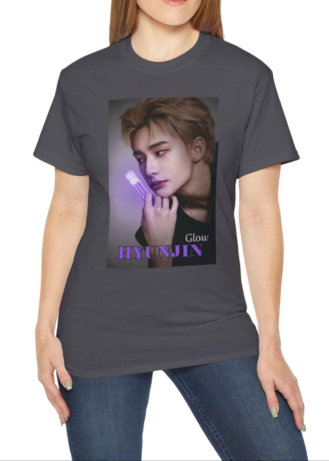 Hyunjin Stray Kids Unisex T-Shirt in charcoal, featuring a glowing purple neon lipstick design. The soft light highlights his delicate features, capturing his subtle elegance. Printed on a high-quality cotton tee, available in XS-5XL. ModeK Vetements.