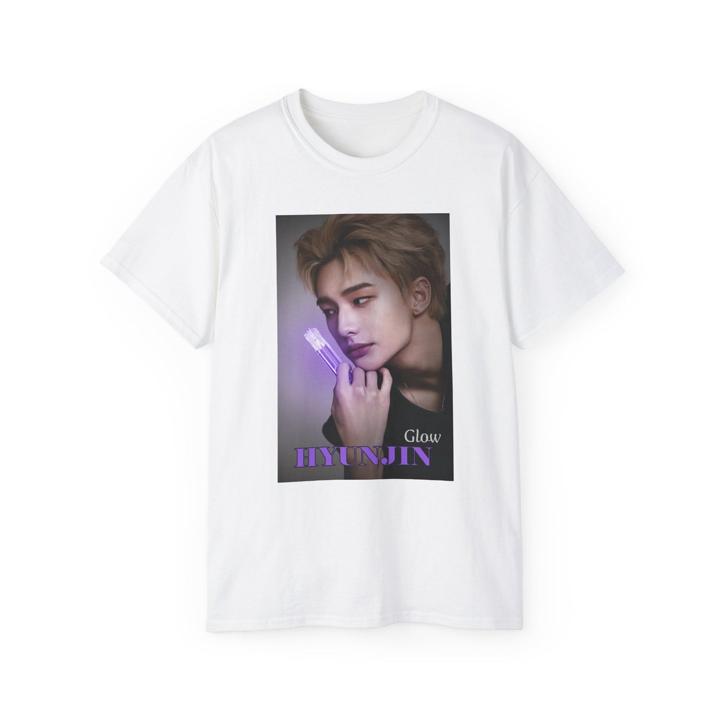 Flat Hyunjin Stray Kids Unisex T-Shirt in white, featuring a glowing purple neon lipstick design. The soft light highlights his delicate features, capturing his subtle elegance. Printed on a high-quality cotton tee, available in XS-5XL. ModeK Vetements.