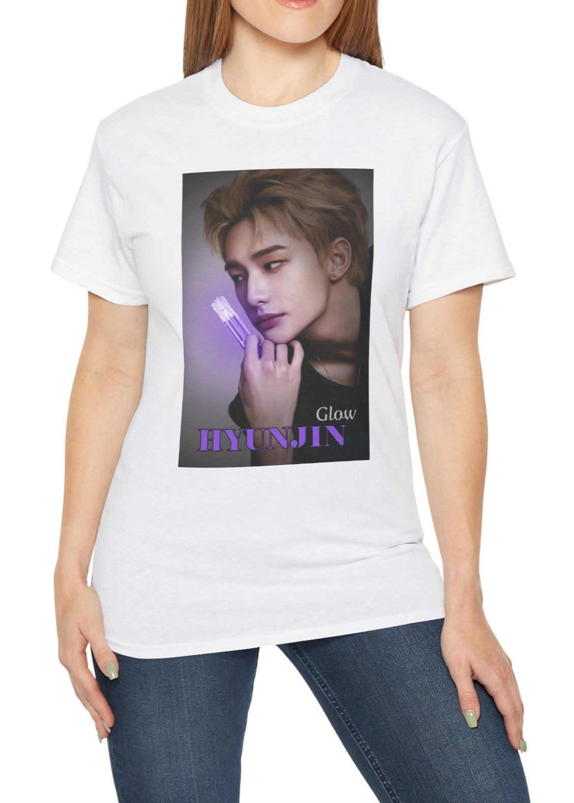 Hyunjin Stray Kids Unisex T-Shirt in white, featuring a glowing purple neon lipstick design. The soft light highlights his delicate features, capturing his subtle elegance. Printed on a high-quality cotton tee, available in XS-5XL. ModeK Vetements.