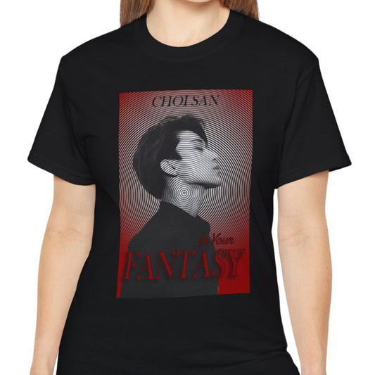 Unisex cotton t-shirt in black, featuring Choi San ATEEZ in profile, surrounded by a hypnotic circular pattern centered on his neck, with a platinum-to-blood-red gradient and bold In Your Fantasy lettering. From ModeK Vetements.