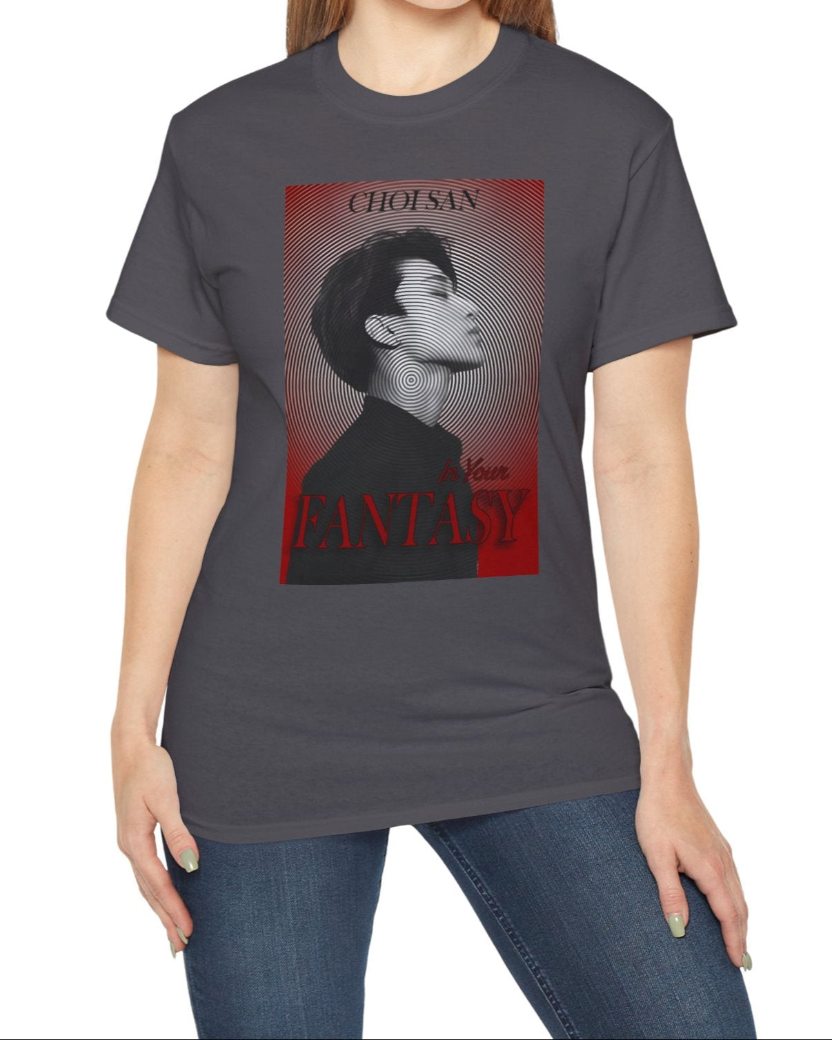 Unisex cotton t-shirt in charcoal, featuring Choi San ATEEZ in profile, surrounded by a hypnotic circular pattern centered on his neck, with a platinum-to-blood-red gradient and bold In Your Fantasy lettering. From ModeK Vetements.