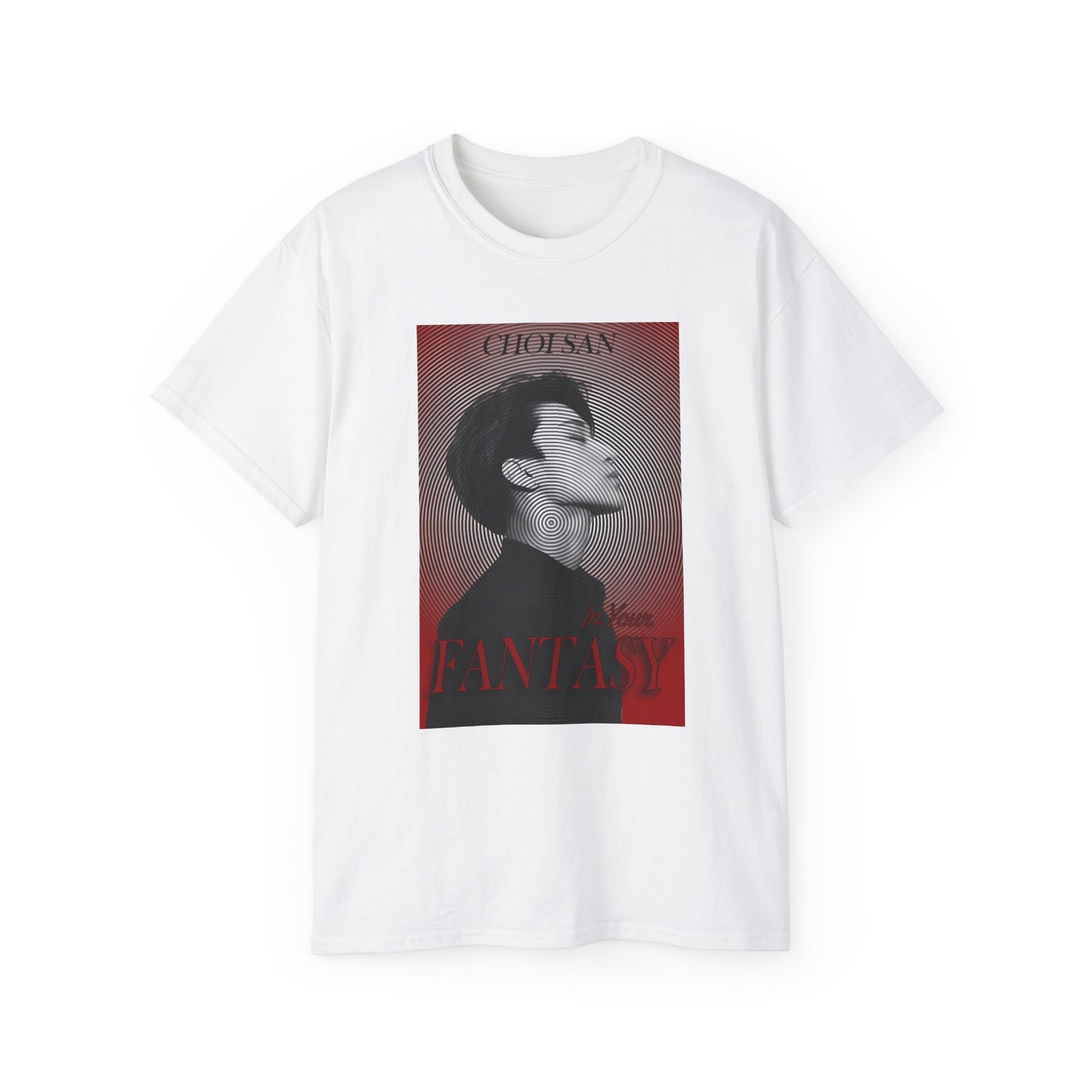 Unisex draped t-shirt in white, featuring Choi San ATEEZ in profile, surrounded by a hypnotic circular pattern centered on his neck, with a platinum-to-blood-red gradient and bold In Your Fantasy lettering. From ModeK Vetements.