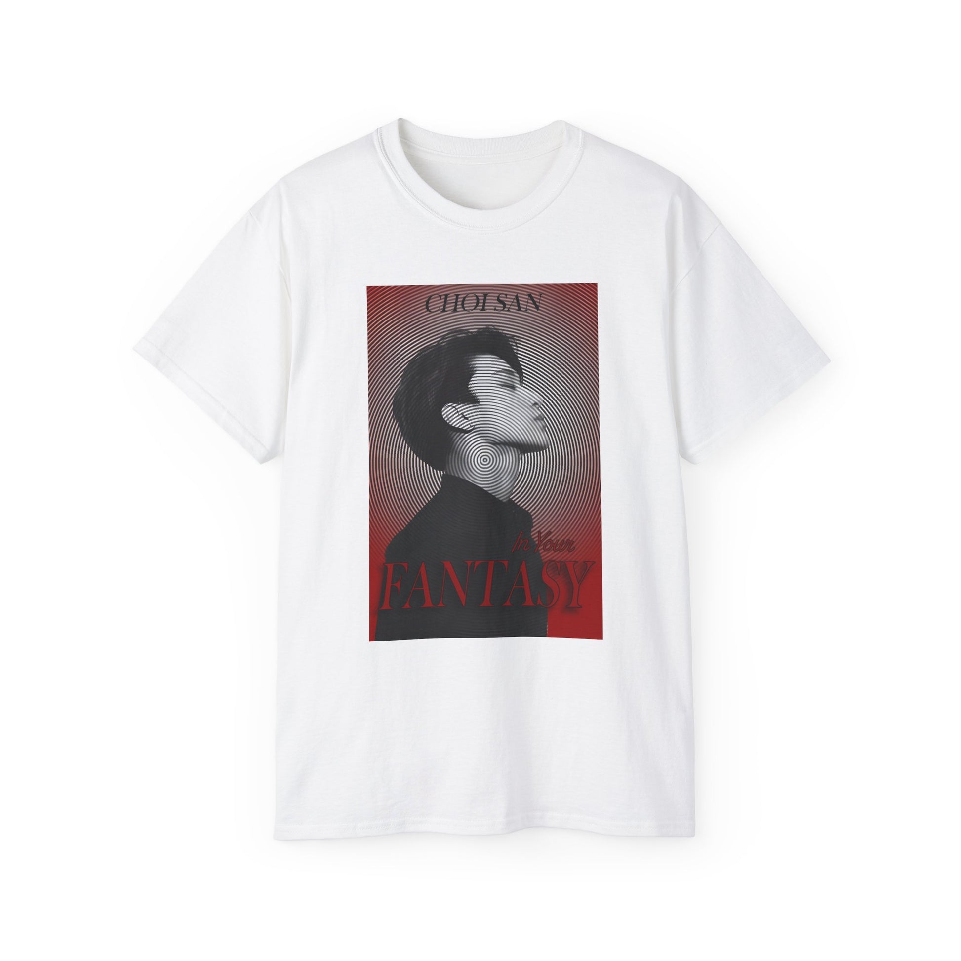 Unisex draped t-shirt in white, featuring Choi San ATEEZ in profile, surrounded by a hypnotic circular pattern centered on his neck, with a platinum-to-blood-red gradient and bold In Your Fantasy lettering. From ModeK Vetements.