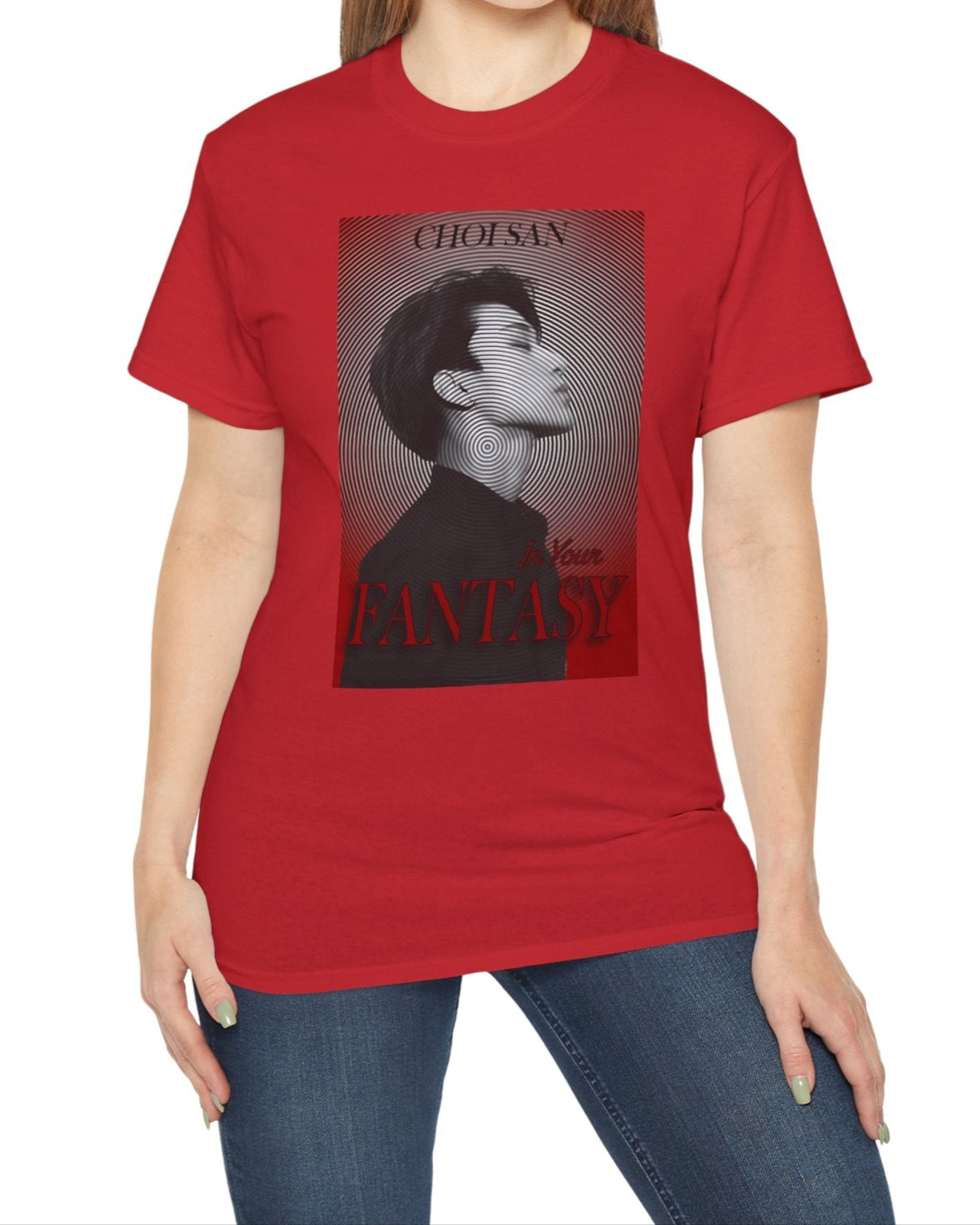 Unisex cotton t-shirt in red, featuring Choi San ATEEZ in profile, surrounded by a hypnotic circular pattern centered on his neck, with a platinum-to-blood-red gradient and bold In Your Fantasy lettering. From ModeK Vetements.