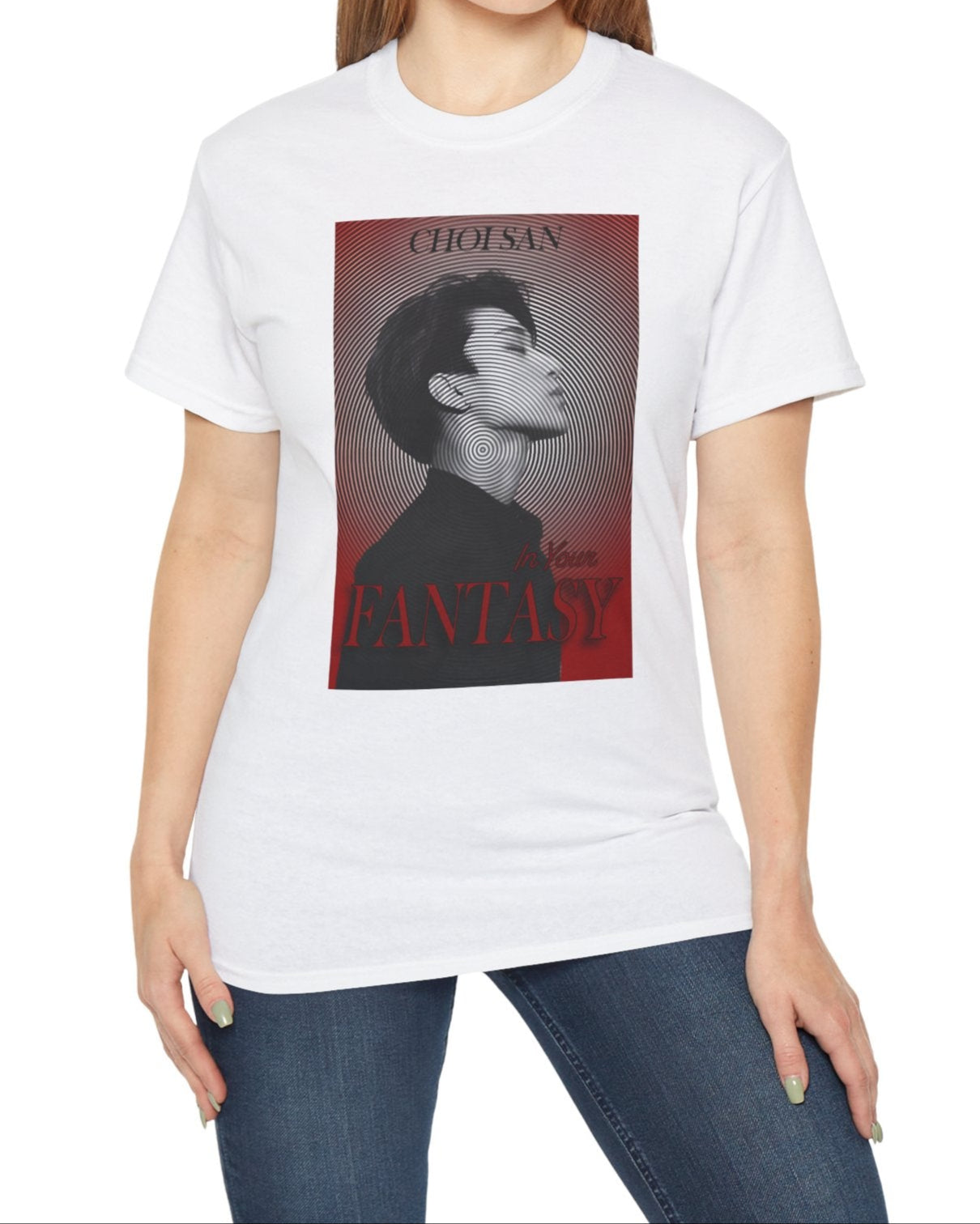 Unisex cotton t-shirt in white, featuring Choi San ATEEZ in profile, surrounded by a hypnotic circular pattern centered on his neck, with a platinum-to-blood-red gradient and bold In Your Fantasy lettering. From ModeK Vetements.