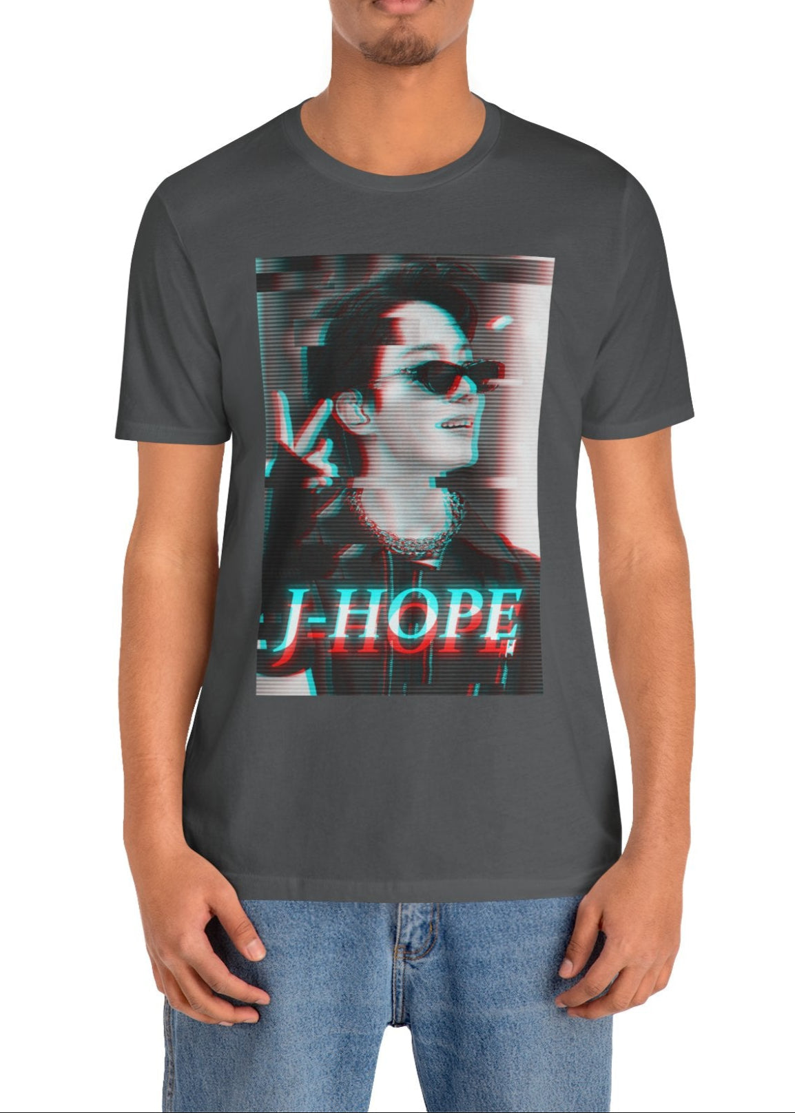 J-Hope BTS 3D Anaglyph Glitch T-Shirt in asphalt, featuring a cyberpunk-inspired red and cyan 3D effect with scan lines, adding a futuristic and nostalgic touch. From ModeKVetements.