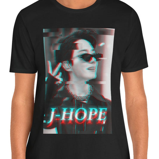 J-Hope BTS 3D Anaglyph Glitch T-Shirt in black, featuring a cyberpunk-inspired red and cyan 3D effect with scan lines, adding a futuristic and nostalgic touch. From ModeKVetements.