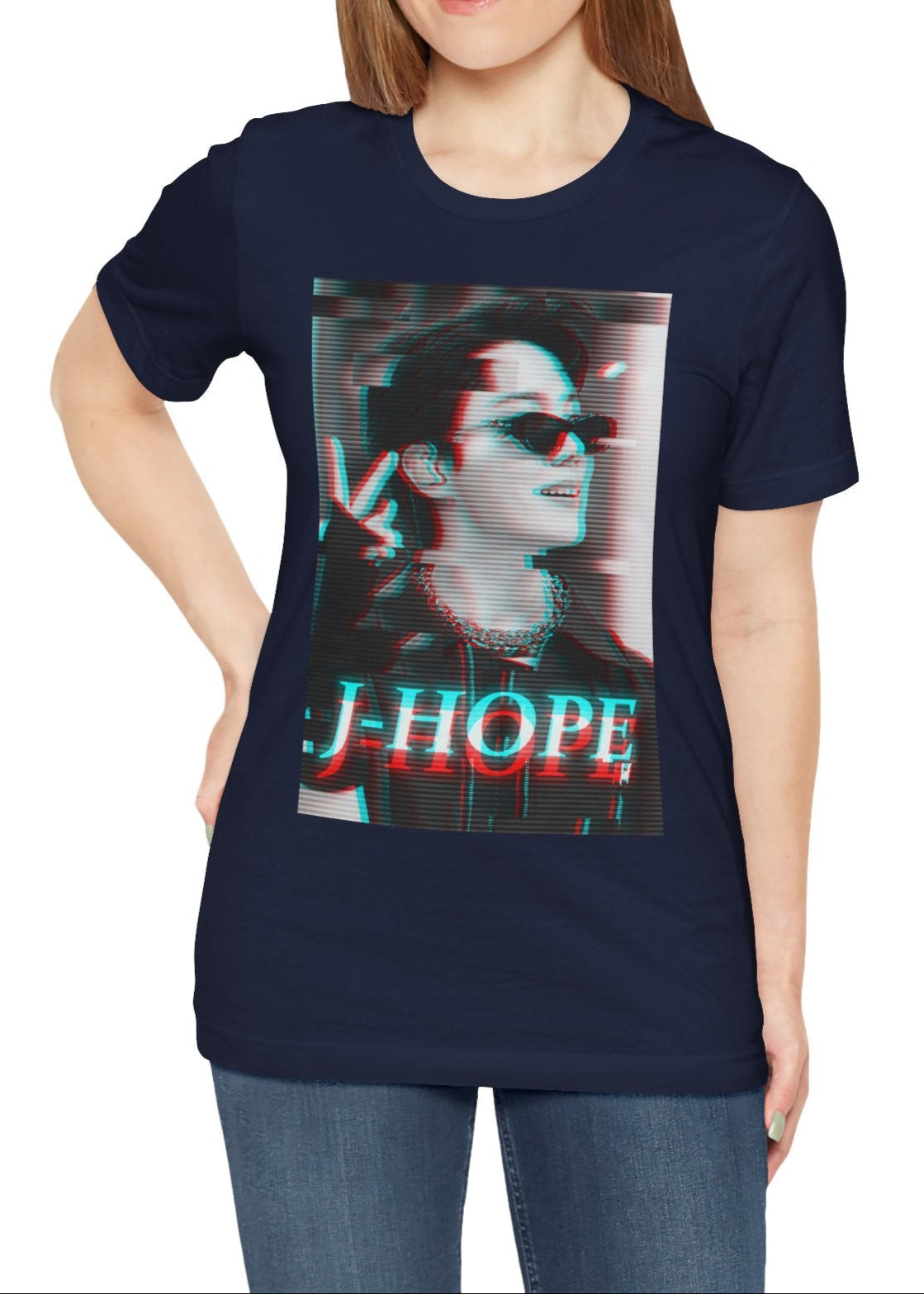 J-Hope BTS 3D Anaglyph Glitch T-Shirt in navy, featuring a cyberpunk-inspired red and cyan 3D effect with scan lines, adding a futuristic and nostalgic touch. From ModeKVetements.