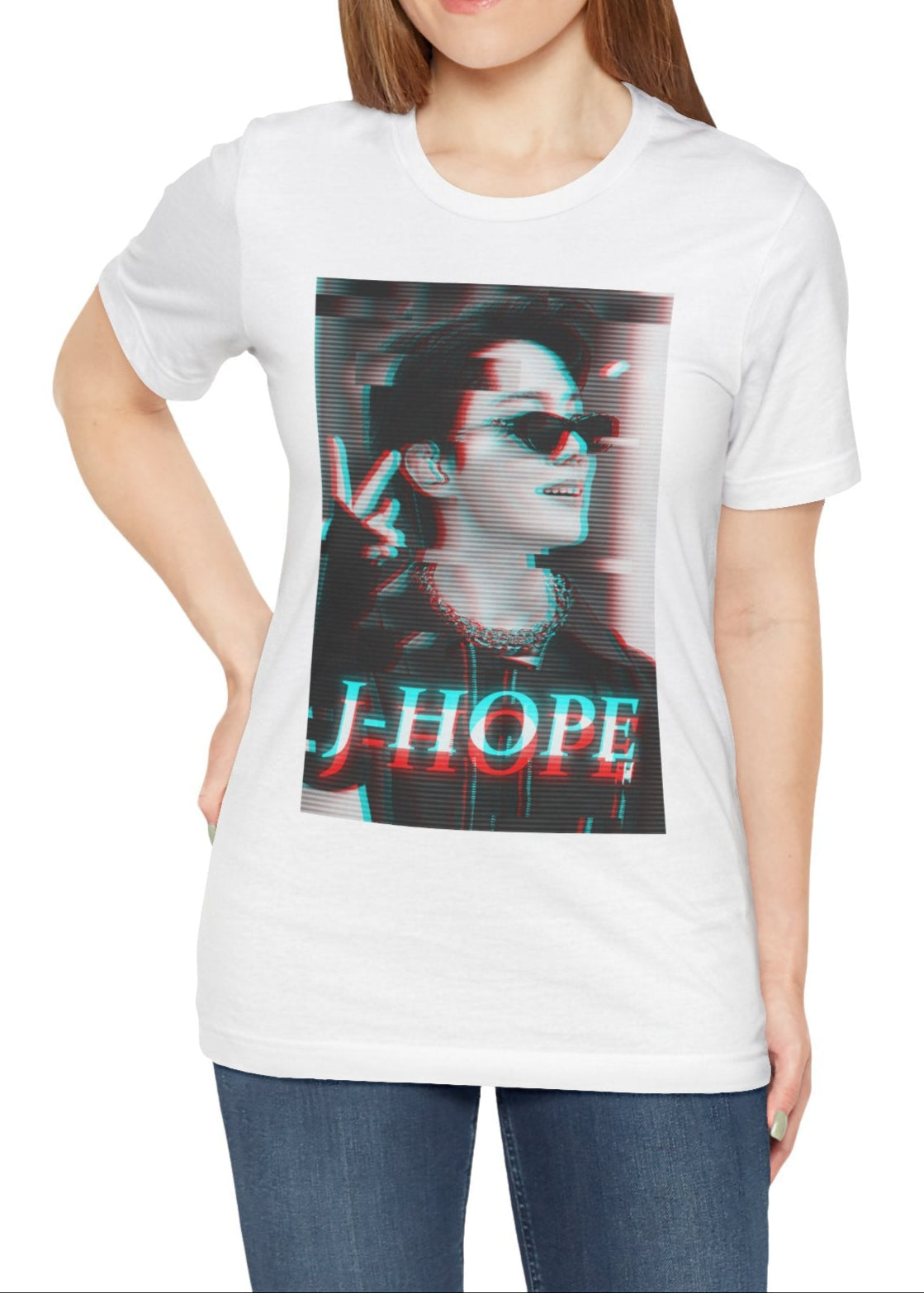 J-Hope BTS 3D Anaglyph Glitch T-Shirt in white, featuring a cyberpunk-inspired red and cyan 3D effect with scan lines, adding a futuristic and nostalgic touch. From ModeKVetements.