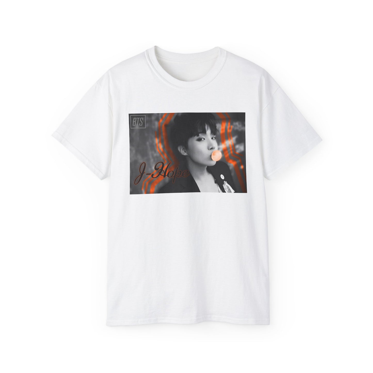 Black-and-white portrait of J-Hope of BTS blowing peach bubblegum, accented with bold deep orange contour lines — playful and bold design on a unisex draped T-shirt in white. ModeK Vetements.