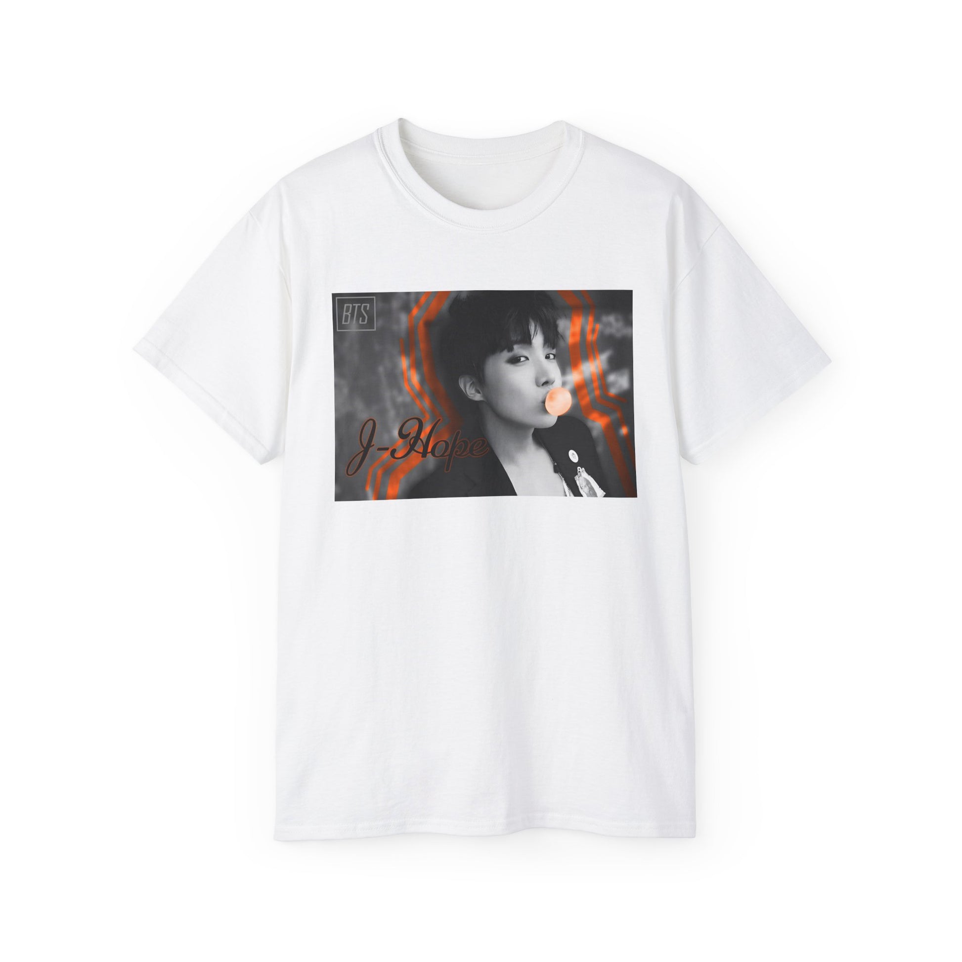 Black-and-white portrait of J-Hope of BTS blowing peach bubblegum, accented with bold deep orange contour lines — playful and bold design on a unisex draped T-shirt in white. ModeK Vetements.