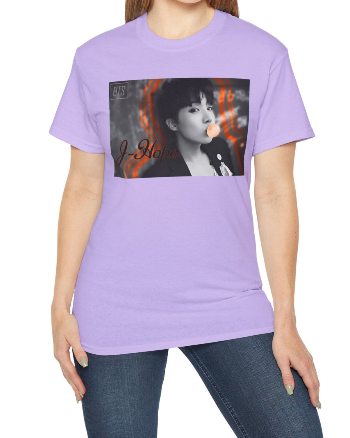 Black-and-white portrait of J-Hope of BTS blowing peach bubblegum, accented with bold deep orange contour lines — playful and bold design on a unisex cotton T-shirt in orchid. ModeK Vetements.