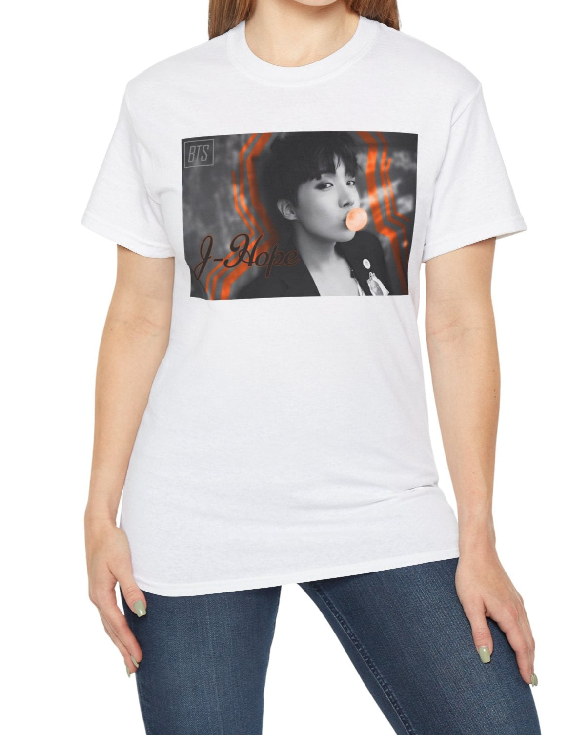 Black-and-white portrait of J-Hope of BTS blowing peach bubblegum, accented with bold deep orange contour lines — playful and bold design on a unisex cotton T-shirt in white. ModeK Vetements.