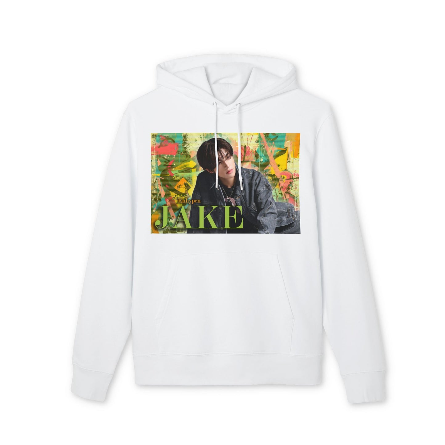 Draped Unisex 100% Cotton Hoodie in white, featuring Jake of ENHYPEN framed in a layered pastel graffiti-style background, with calm expression and denim styling, surrounded by scanline textures. From ModeK Vetements.