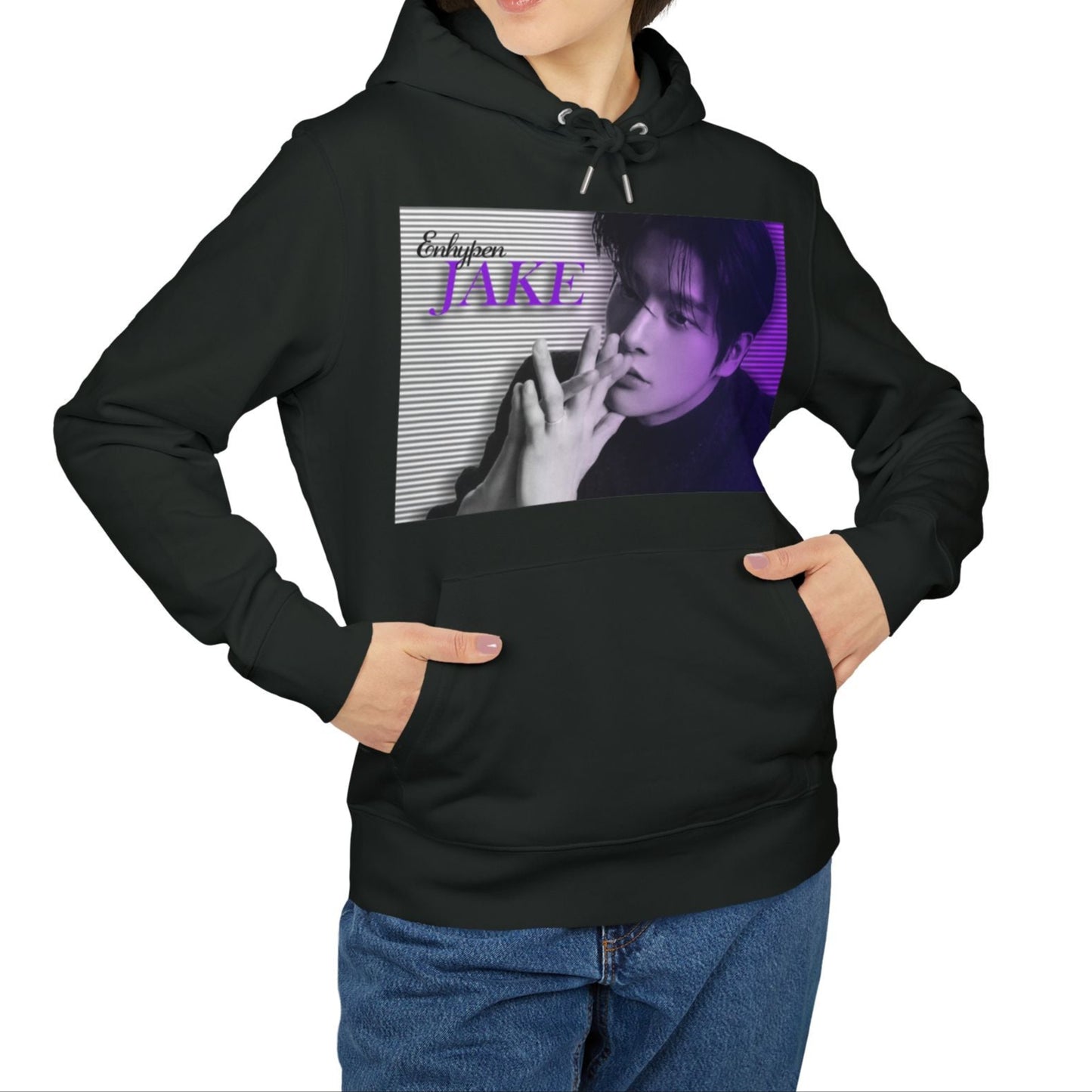 Unisex hoodie, from 100% organic, combed, ring-spun cotton, in black, featuring Jake of Enhypen with amethyst-toned scan lines and bold typography. From ModeK Vetements.
