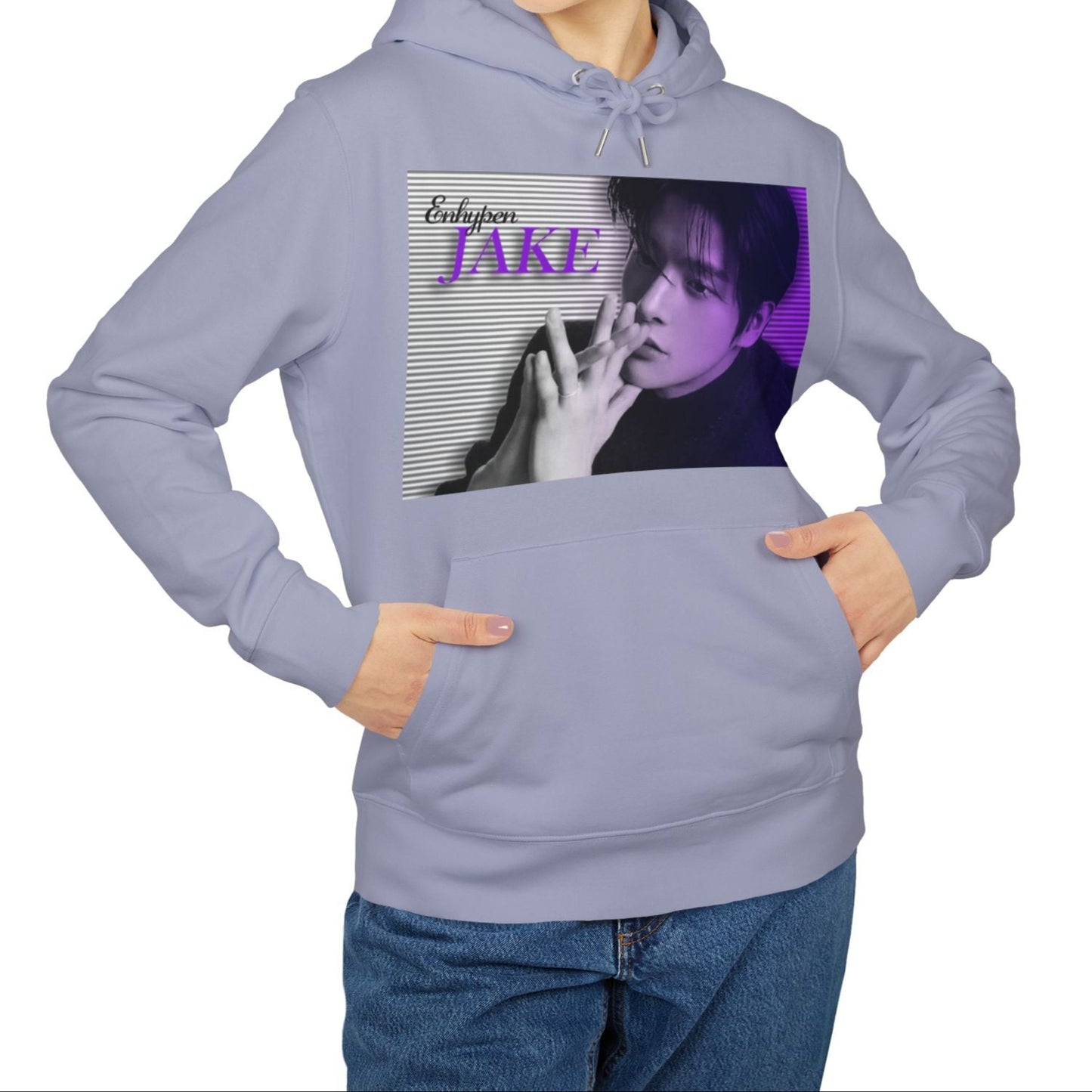 Unisex hoodie, from 100% organic, combed, ring-spun cotton, in lavender, featuring Jake of Enhypen with amethyst-toned scan lines and bold typography. From ModeK Vetements.