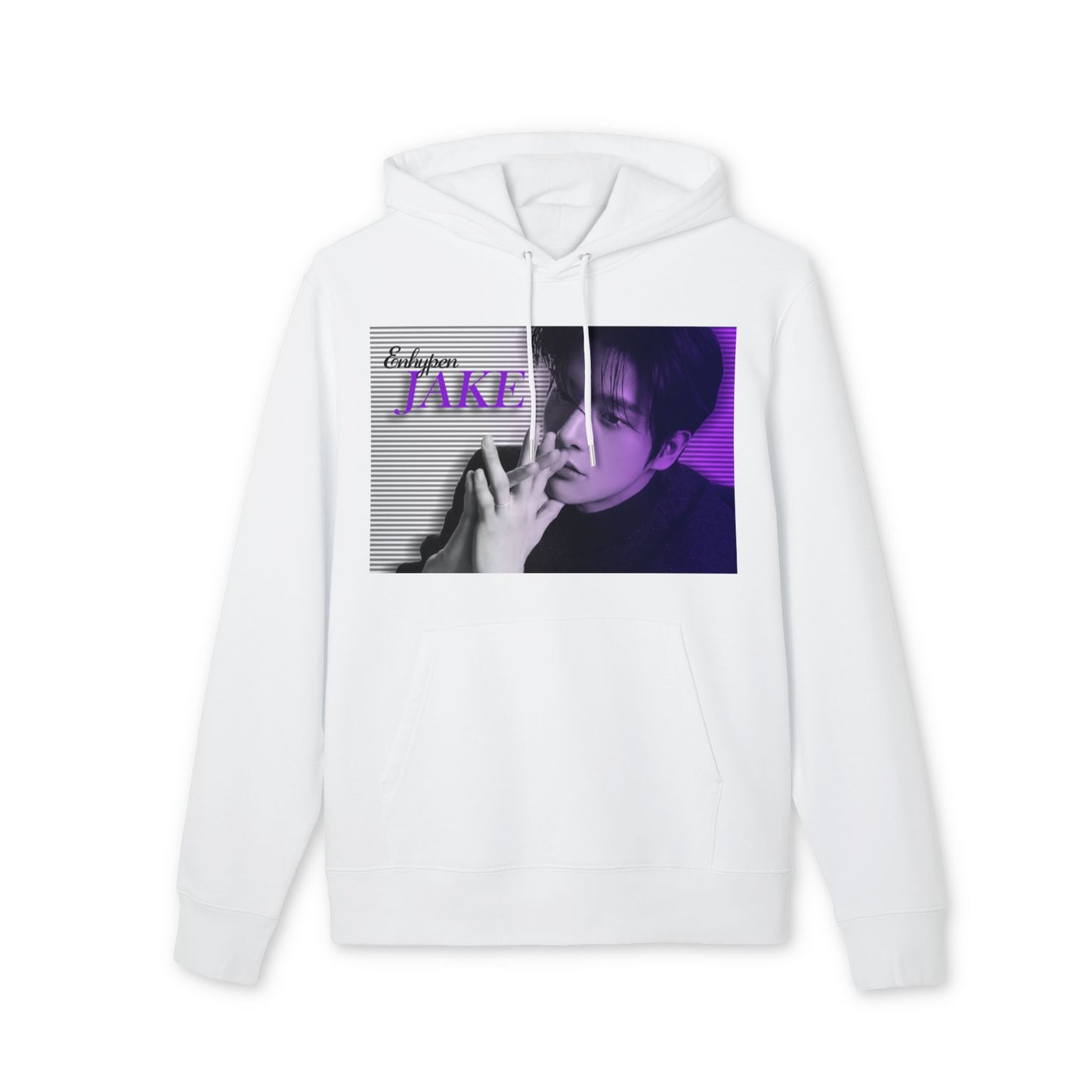 Flat Unisex hoodie, from 100% organic, combed, ring-spun cotton, in white, featuring Jake of Enhypen with amethyst-toned scan lines and bold typography. From ModeK Vetements.