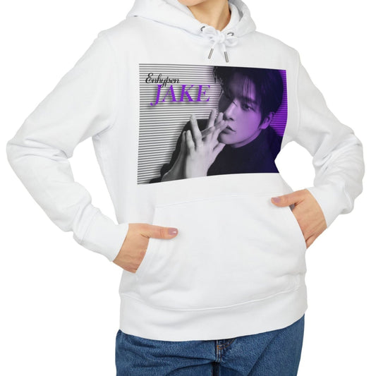 Unisex hoodie, from 100% organic, combed, ring-spun cotton, in white, featuring Jake of Enhypen with amethyst-toned scan lines and bold typography. From ModeK Vetements.