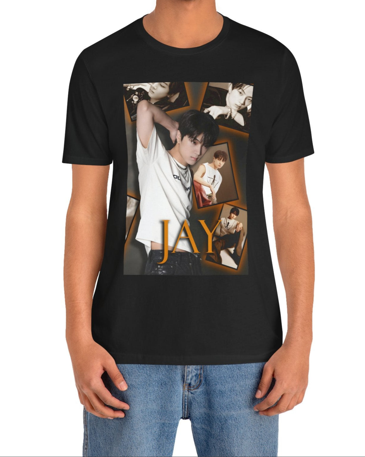 Unisex T-shirt in black, from 100% Airlume combed and ring-spun cotton, featuring Jay of ENHYPEN layered into a golden moodboard of light, shadow, and black-and-white pictures. From ModeK Vetements.