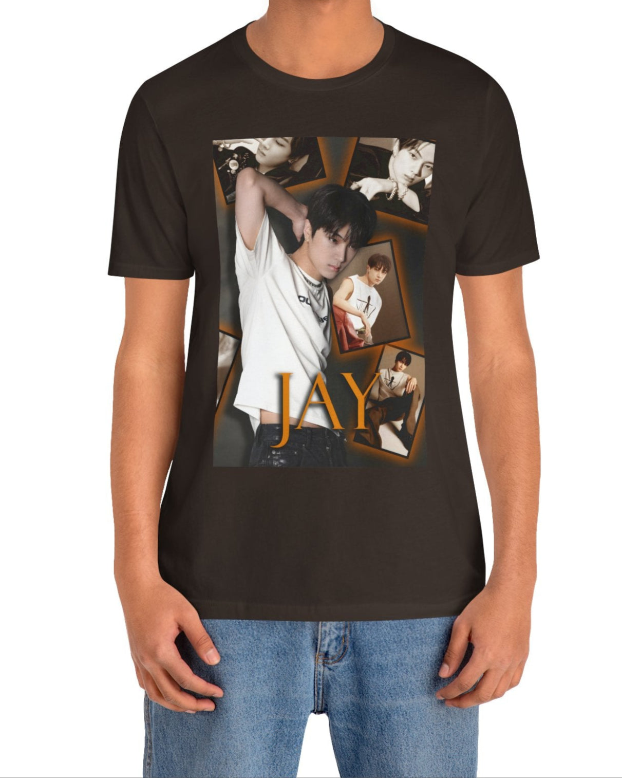 Unisex T-shirt in brown, from 100% Airlume combed and ring-spun cotton, featuring Jay of ENHYPEN layered into a golden moodboard of light, shadow, and black-and-white pictures. From ModeK Vetements.