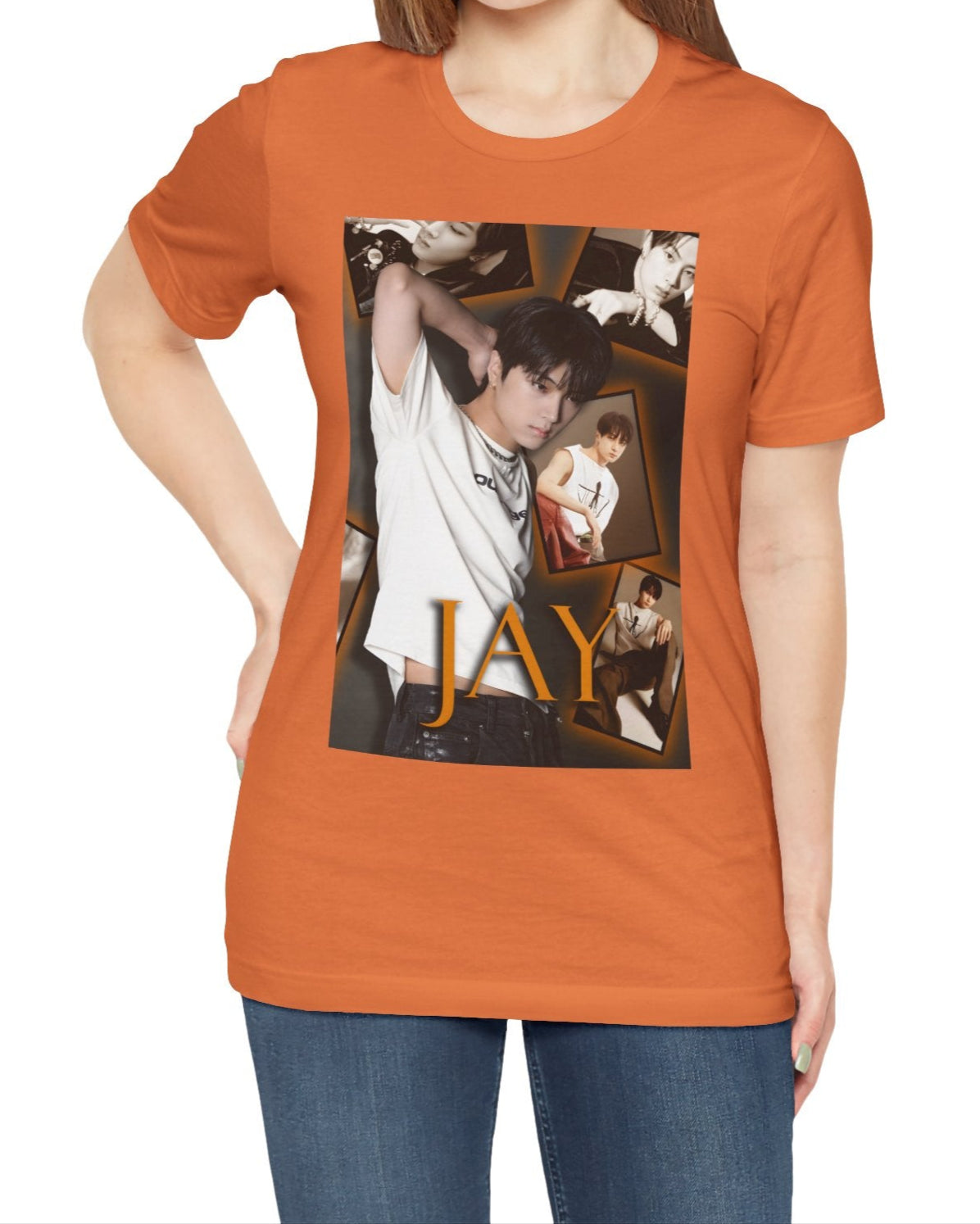 Unisex T-shirt in burnt orange, from 100% Airlume combed and ring-spun cotton, featuring Jay of ENHYPEN layered into a golden moodboard of light, shadow, and black-and-white pictures. From ModeK Vetements.