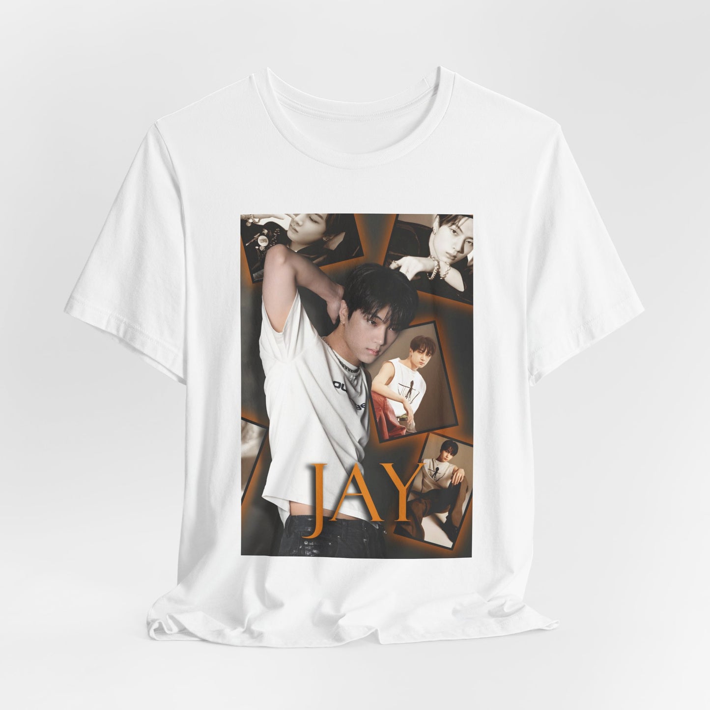 Unisex draped T-shirt in white, from 100% Airlume combed and ring-spun cotton, featuring Jay of ENHYPEN layered into a golden moodboard of light, shadow, and black-and-white pictures. From ModeK Vetements.