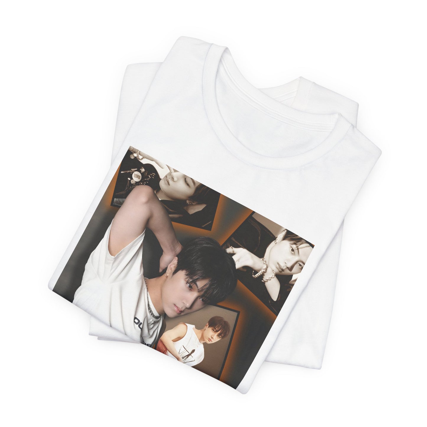 Folded Unisex T-shirt in white, from 100% Airlume combed and ring-spun cotton, featuring Jay of ENHYPEN layered into a golden moodboard of light, shadow, and black-and-white pictures. From ModeK Vetements.