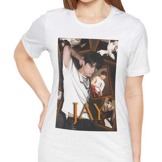 Unisex T-shirt in white, from 100% Airlume combed and ring-spun cotton, featuring Jay of ENHYPEN layered into a golden moodboard of light, shadow, and black-and-white pictures. From ModeK Vetements.