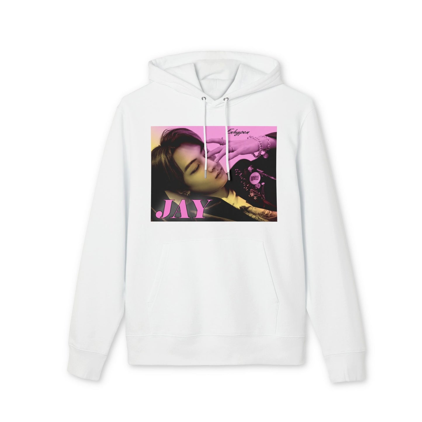 Jay from ENHYPEN on a draped unisex hoodie in white, with a soft gradient from lavender rose to jasmine. Serene, dreamy pose with safety pins, rings, and chains. From ModeKVetements.