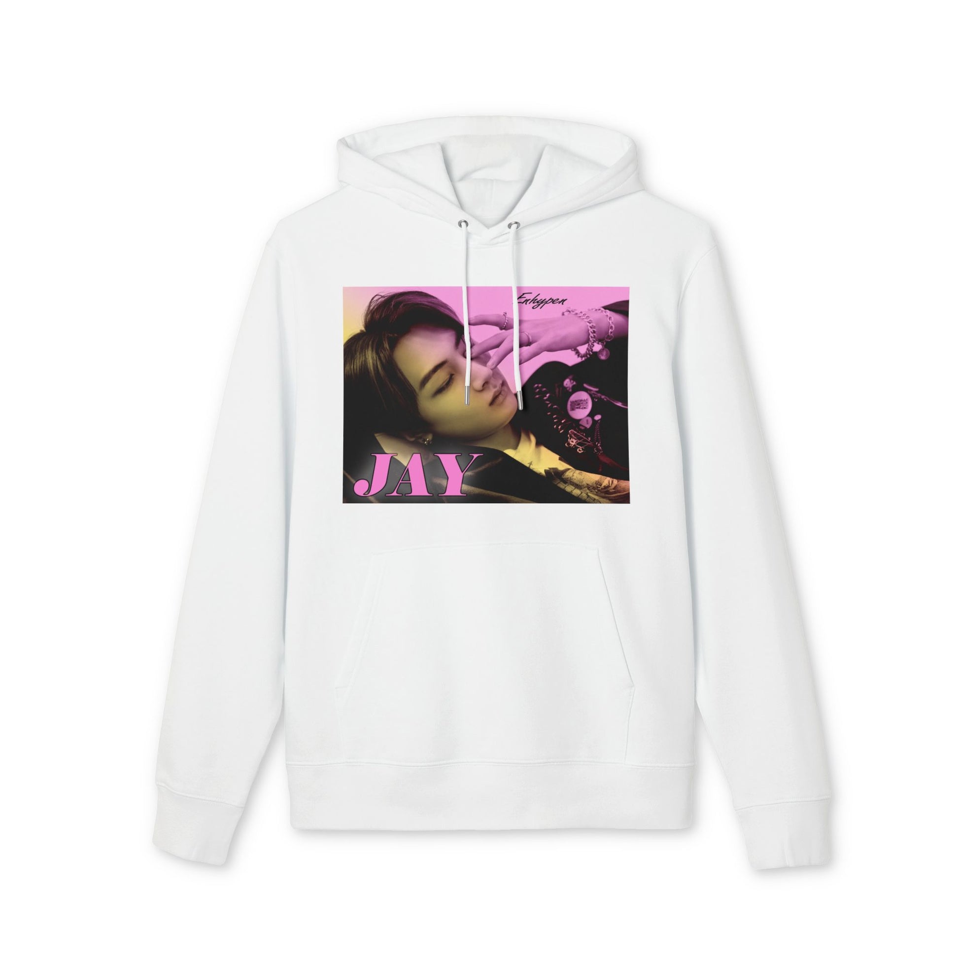 Jay from ENHYPEN on a draped unisex hoodie in white, with a soft gradient from lavender rose to jasmine. Serene, dreamy pose with safety pins, rings, and chains. From ModeKVetements.