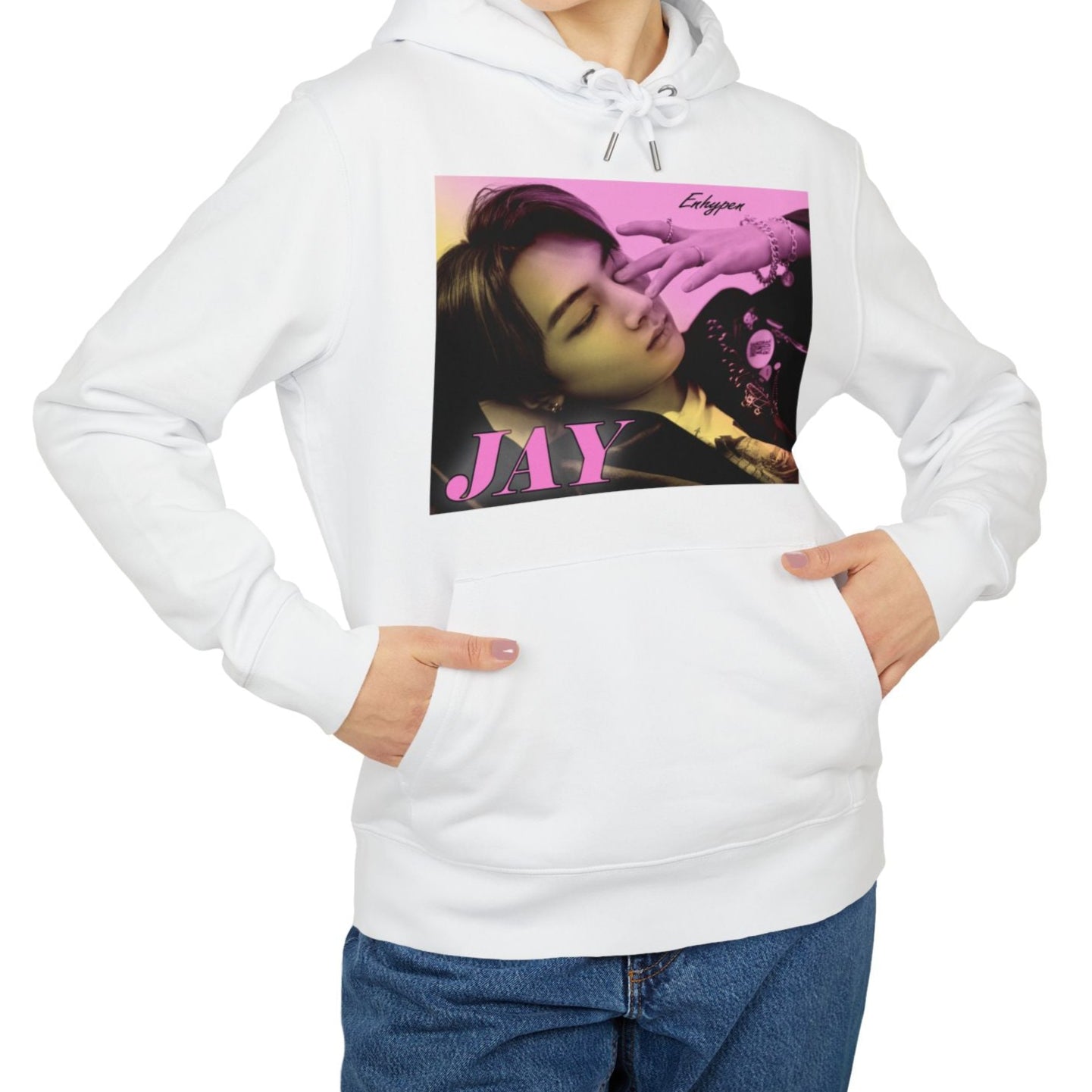 Jay from ENHYPEN on a unisex hoodie in white, with a soft gradient from lavender rose to jasmine. Serene, dreamy pose with safety pins, rings, and chains. From ModeKVetements.