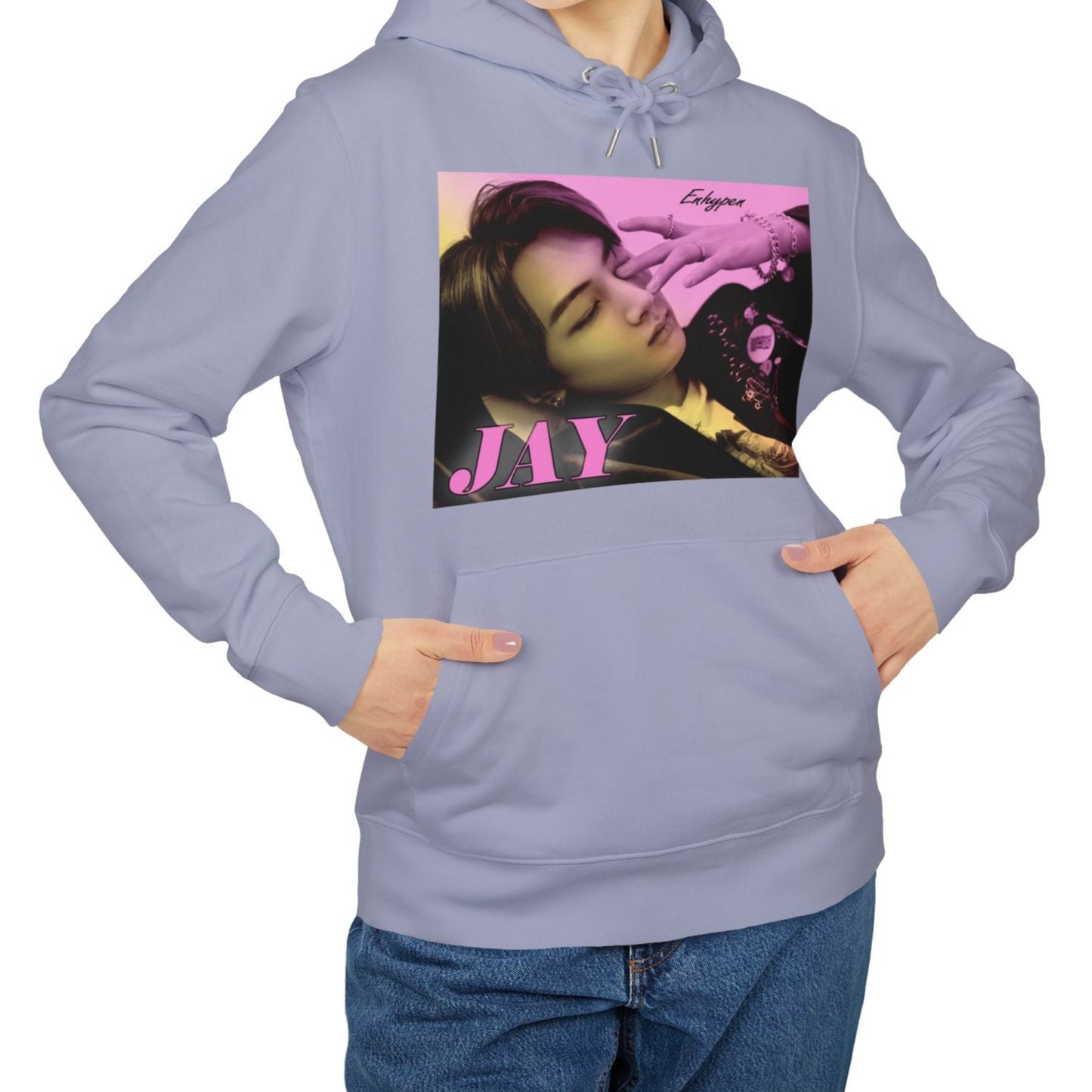 Jay from ENHYPEN on a unisex hoodie in lavender, with a soft gradient from lavender rose to jasmine. Serene, dreamy pose with safety pins, rings, and chains. From ModeKVetements.