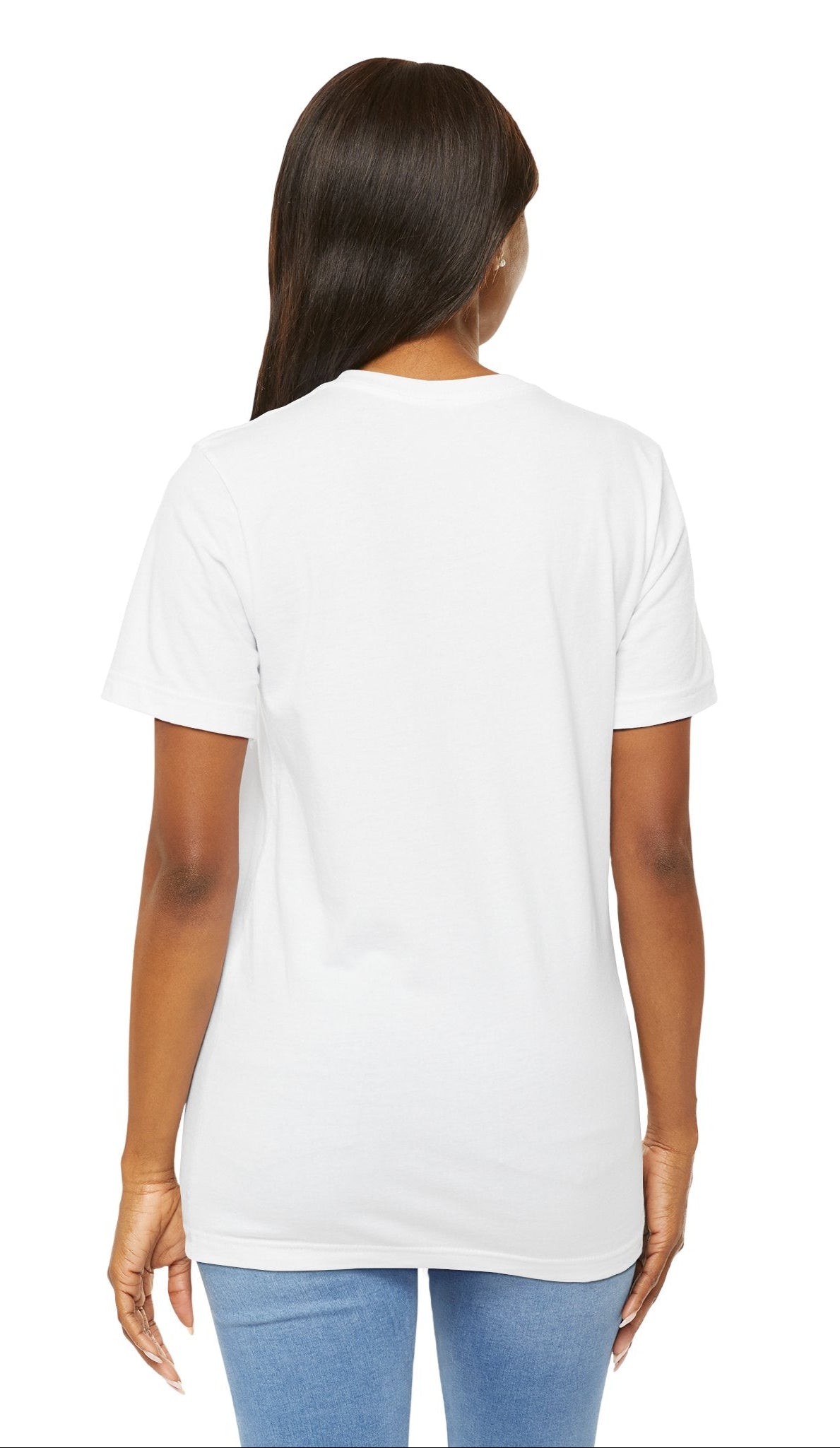 Back of the Jimin BTS Unisex T-Shirt – A Playful Charm. A plain white back with a classic crew neckline and short sleeves, showcasing the relaxed fit of the Bella+Canvas 3001 tee. ModeK Vetements.