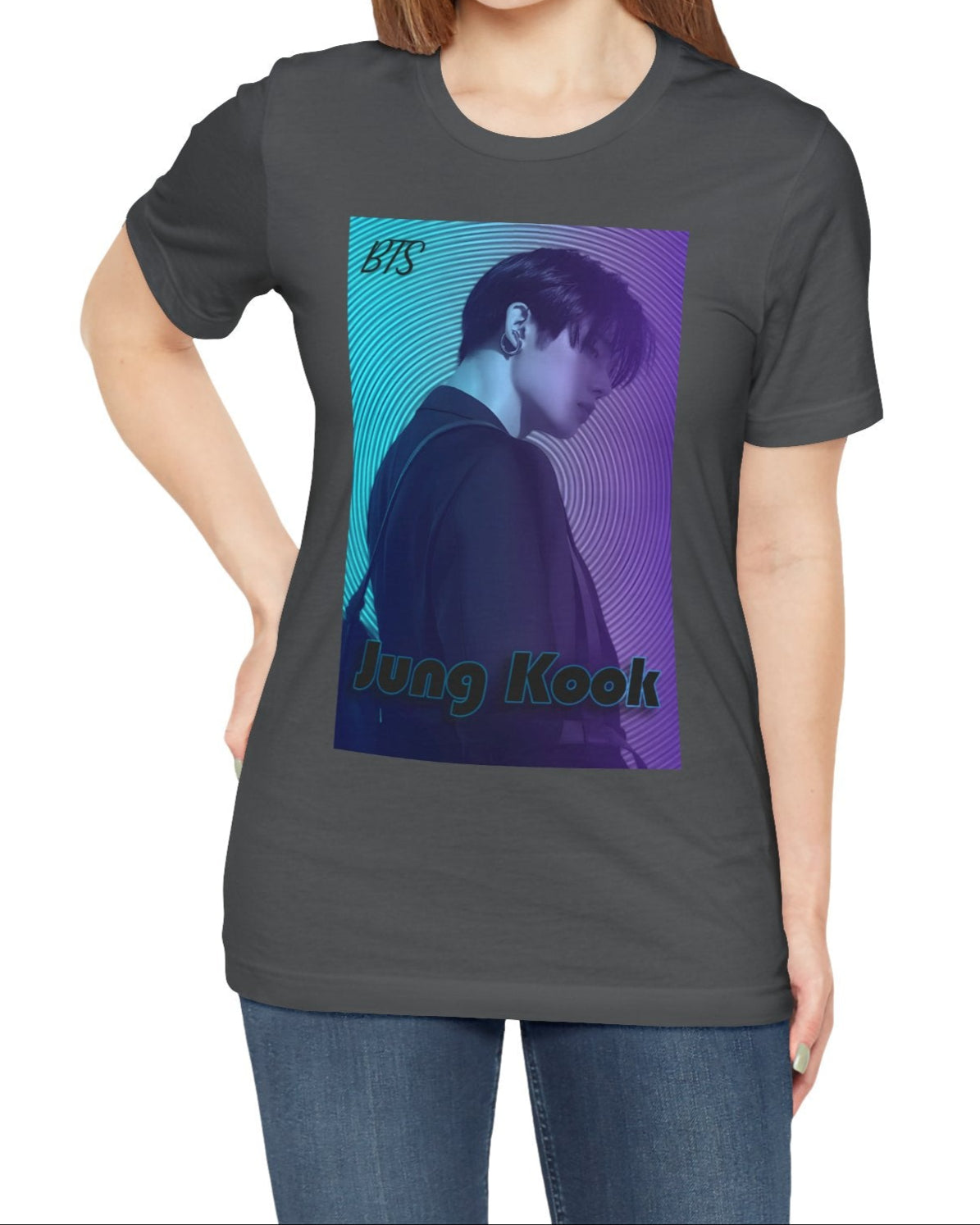Jung Kook BTS Unisex T-shirt in asphalt, featuring a cyan-to-lavender gradient, vinyl-inspired circular background, retro lettering, and profile portrait with suit and leather bag – cinematic unisex style. 100% Airlume combed and ringspun cotton. ModeK Vetements.
