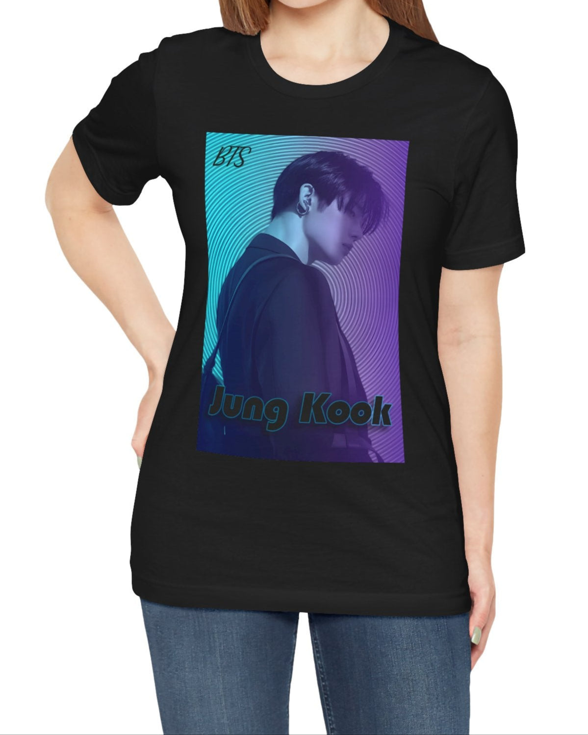 Jung Kook BTS Unisex T-shirt in black, featuring a cyan-to-lavender gradient, vinyl-inspired circular background, retro lettering, and profile portrait with suit and leather bag – cinematic unisex style. 100% Airlume combed and ringspun cotton. ModeK Vetements.