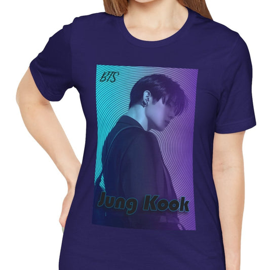 Jung Kook BTS Unisex T-shirt in team navy, featuring a cyan-to-lavender gradient, vinyl-inspired circular background, retro lettering, and profile portrait with suit and leather bag – cinematic unisex style. 100% Airlume combed and ringspun cotton. ModeK Vetements.