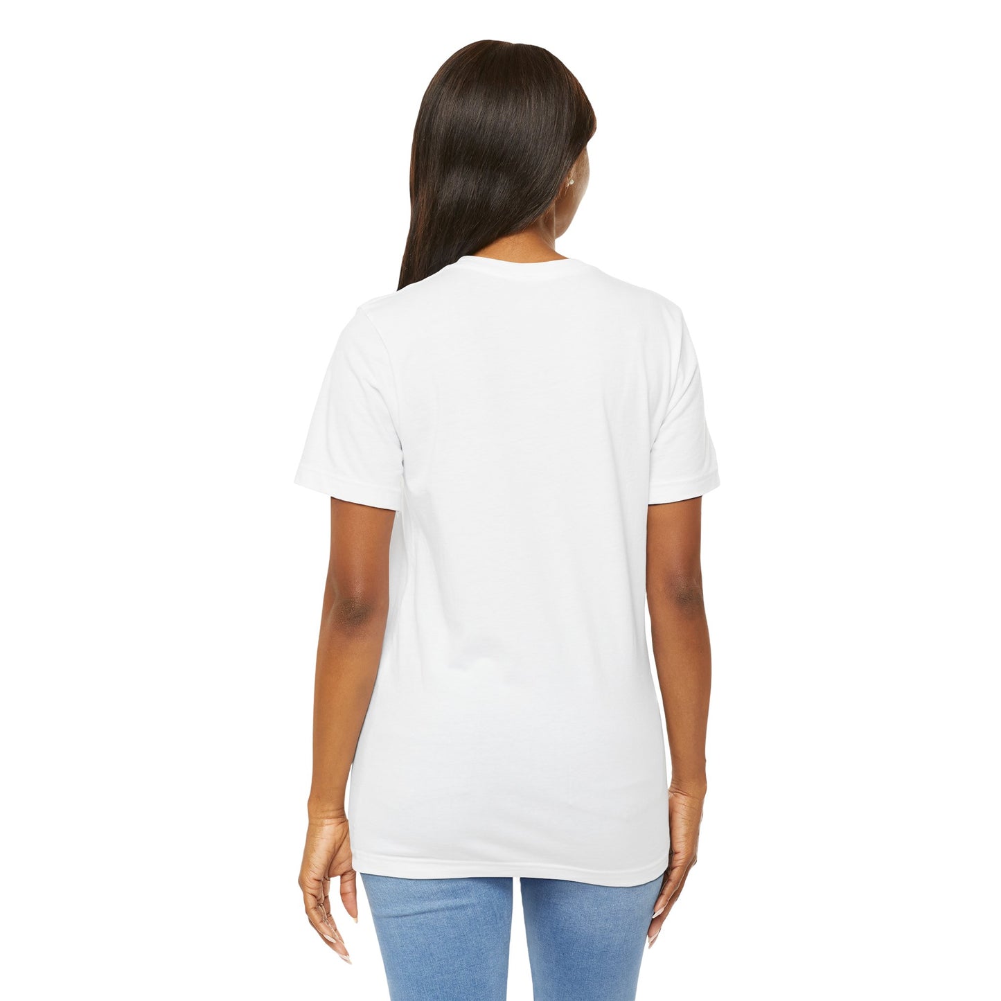 Back of the Jung Kook BTS Unisex T-shirt in white, featuring a cyan-to-lavender gradient, vinyl-inspired circular background, retro lettering, and profile portrait with suit and leather bag – cinematic unisex style. 100% Airlume combed and ringspun cotton. ModeK Vetements.