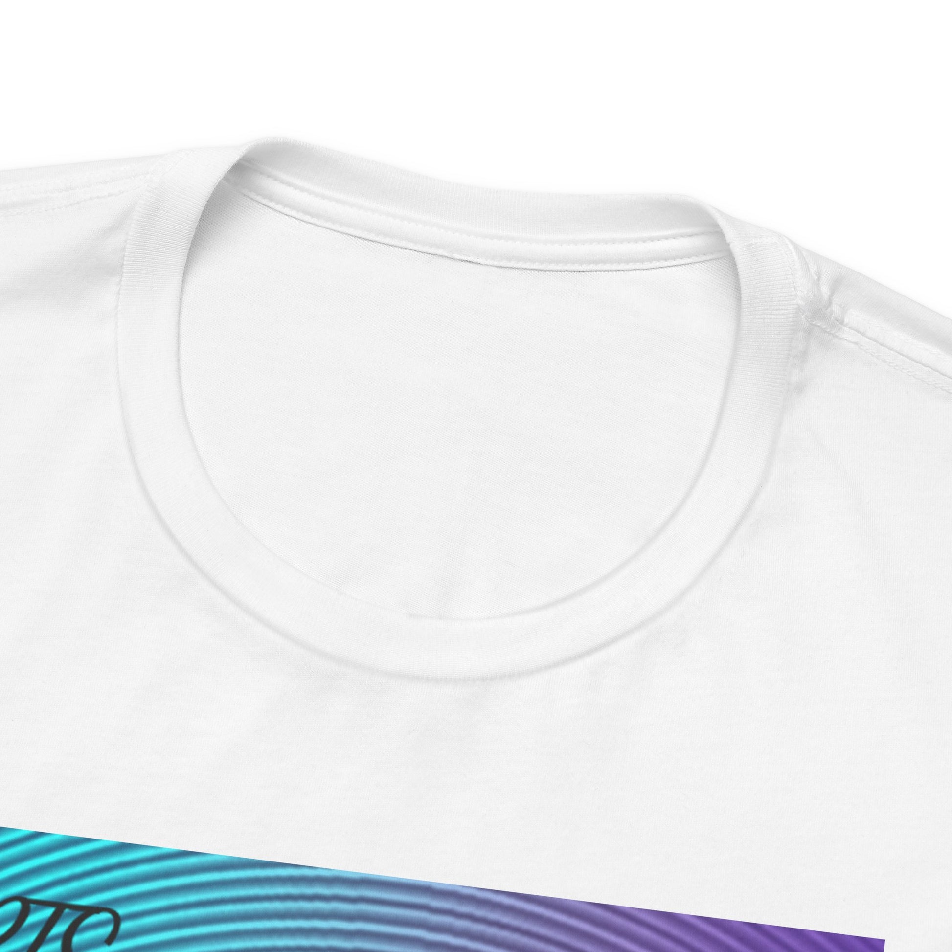 Closeup on the neckline of the Jung Kook BTS Unisex T-shirt in white, featuring a cyan-to-lavender gradient, vinyl-inspired circular background, retro lettering, and profile portrait with suit and leather bag – cinematic unisex style. 100% Airlume combed and ringspun cotton. ModeK Vetements.