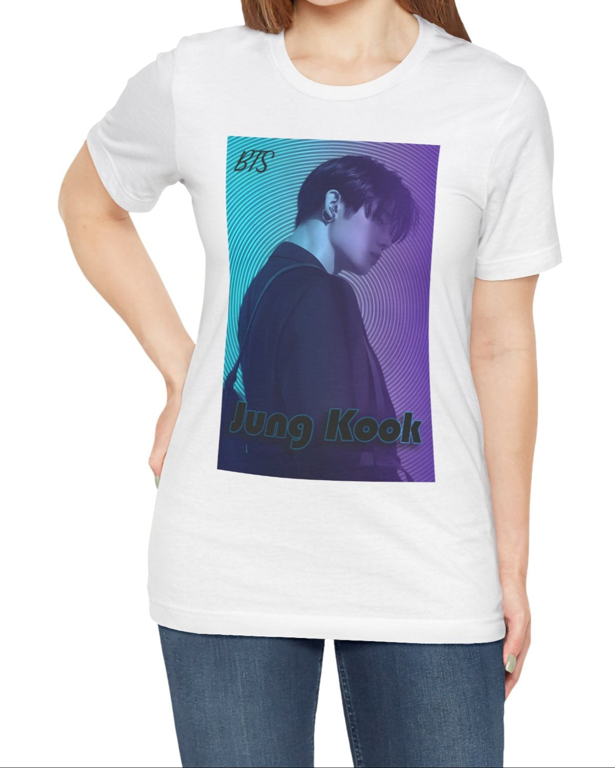 Jung Kook BTS Unisex T-shirt in white, featuring a cyan-to-lavender gradient, vinyl-inspired circular background, retro lettering, and profile portrait with suit and leather bag – cinematic unisex style. 100% Airlume combed and ringspun cotton. ModeK Vetements.