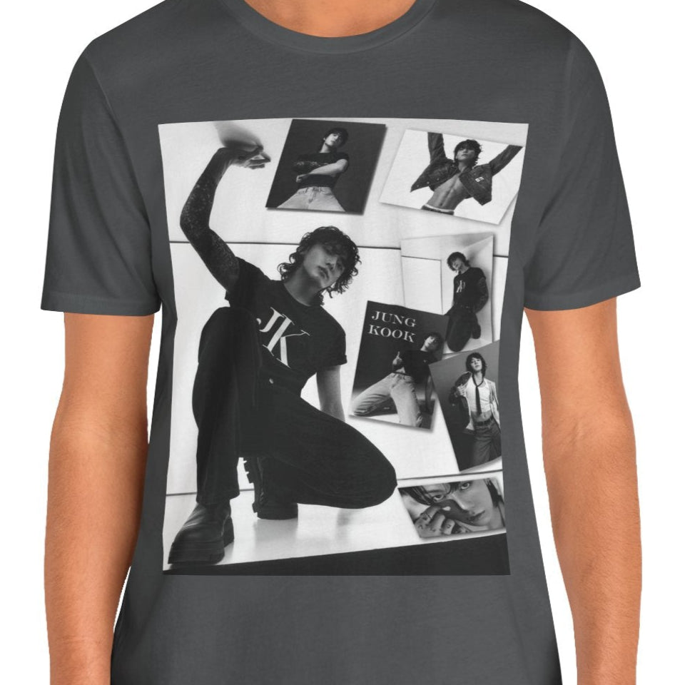 Jungkook BTS Unisex T-Shirt in asphalt – A raw and untamed design capturing Jungkook’s dynamic presence. A monochrome collage enhances the depth and energy of the moment. ModeK Vetements.