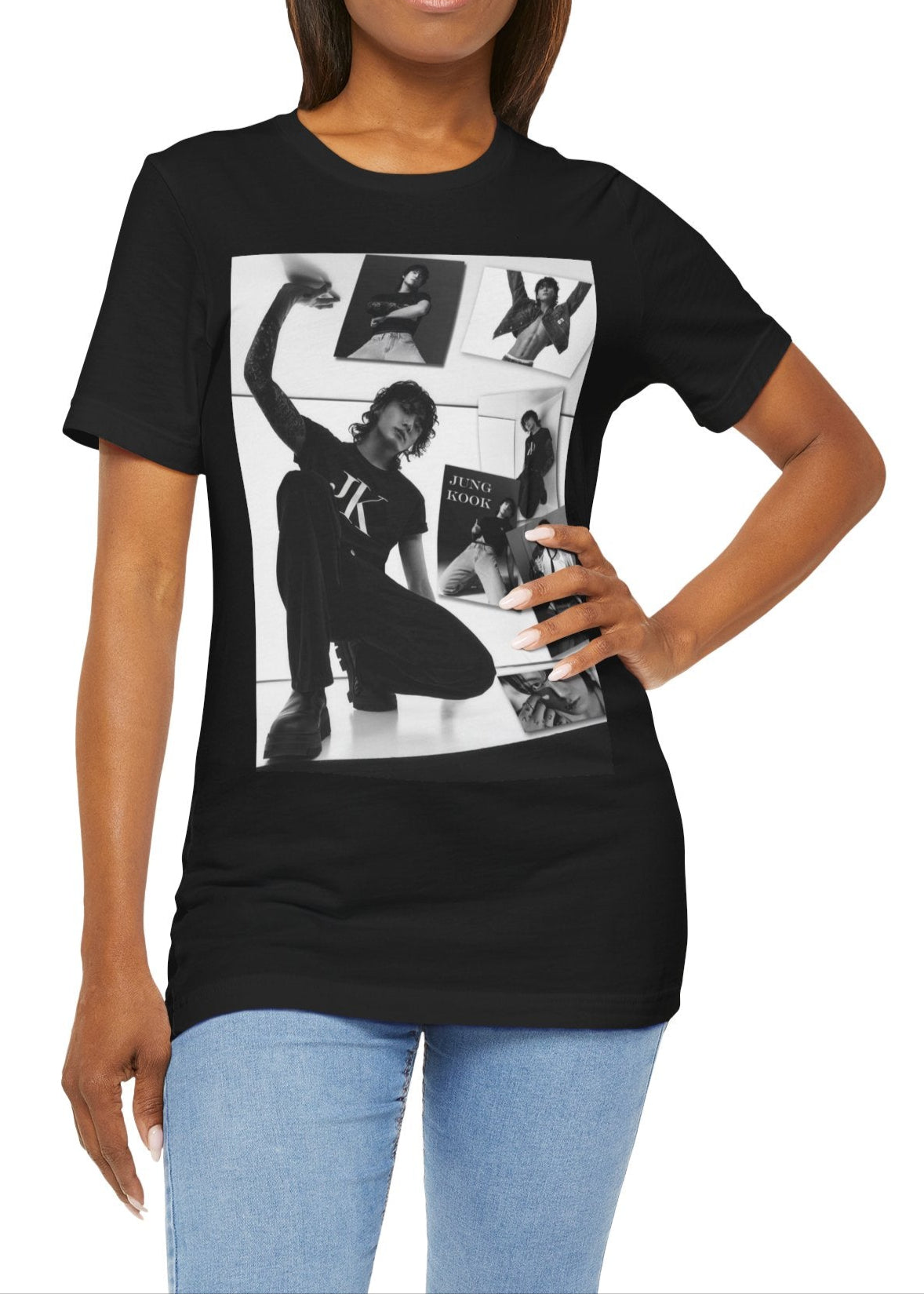 Jungkook BTS Unisex  T-Shirt in black – A raw and untamed design capturing Jungkook’s dynamic presence. A monochrome collage enhances the depth and energy of the moment. ModeK Vetements.