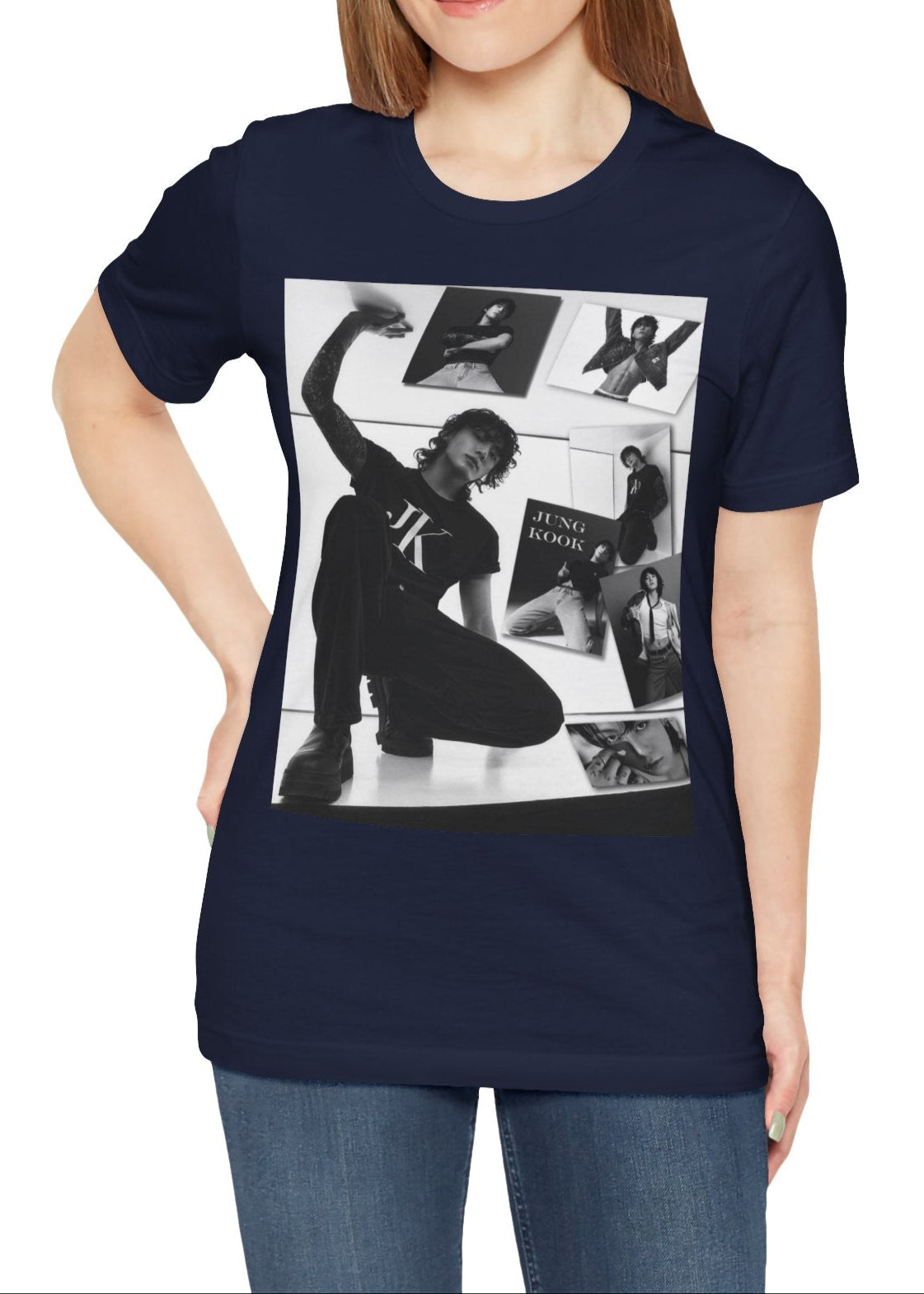 Jungkook BTS Unisex T-Shirt in navy – A raw and untamed design capturing Jungkook’s dynamic presence. A monochrome collage enhances the depth and energy of the moment. ModeK Vetements.