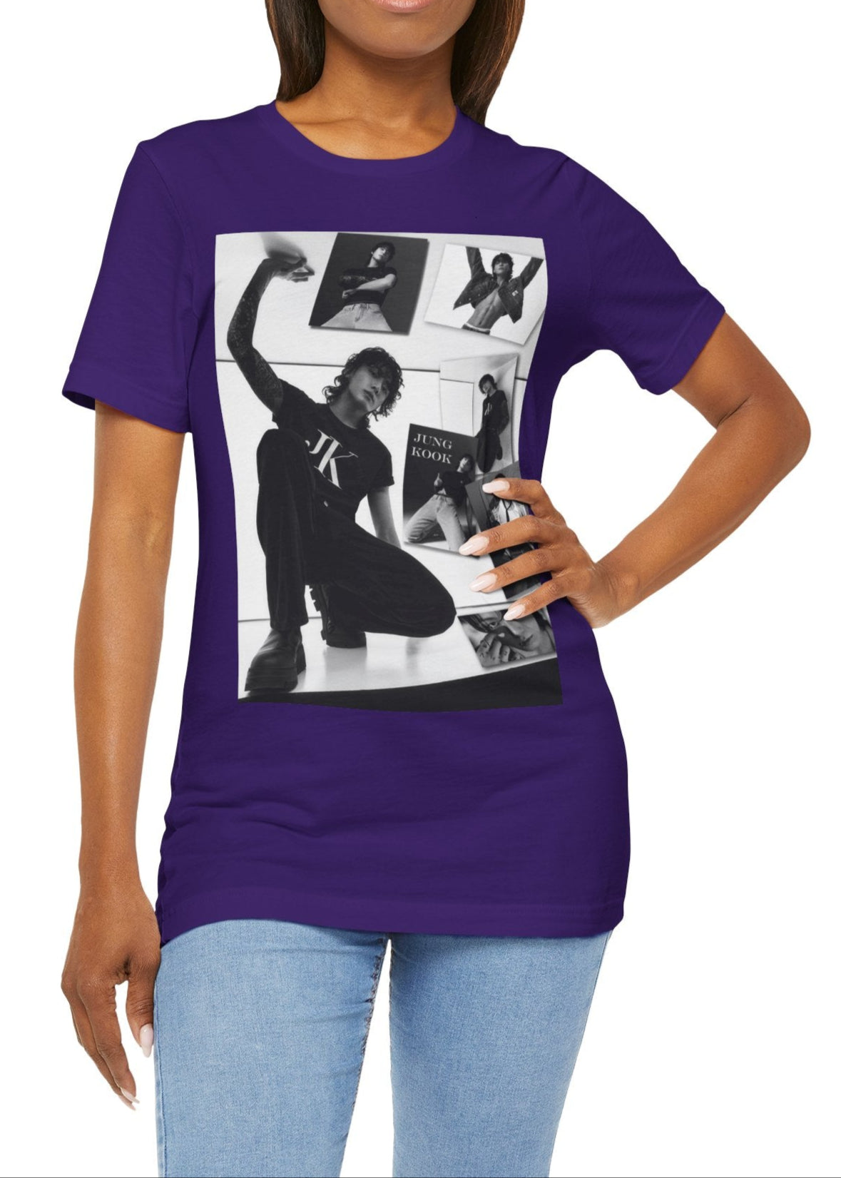 Jungkook BTS Unisex T-Shirt in team purple – A raw and untamed design capturing Jungkook’s dynamic presence. A monochrome collage enhances the depth and energy of the moment. ModeK Vetements.