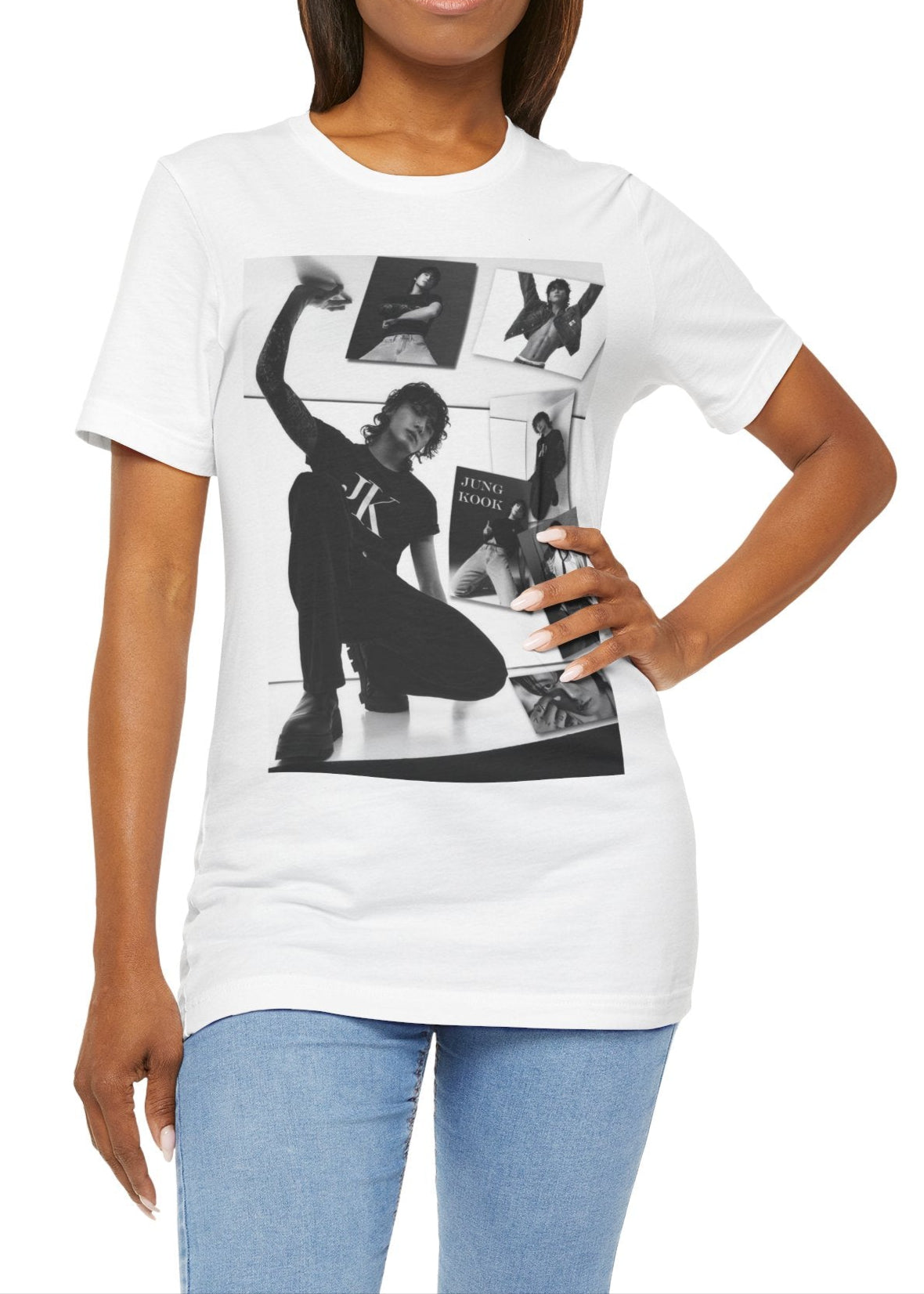 Jungkook BTS Unisex T-Shirt in white – A raw and untamed design capturing Jungkook’s dynamic presence. A monochrome collage enhances the depth and energy of the moment. ModeK Vetements.