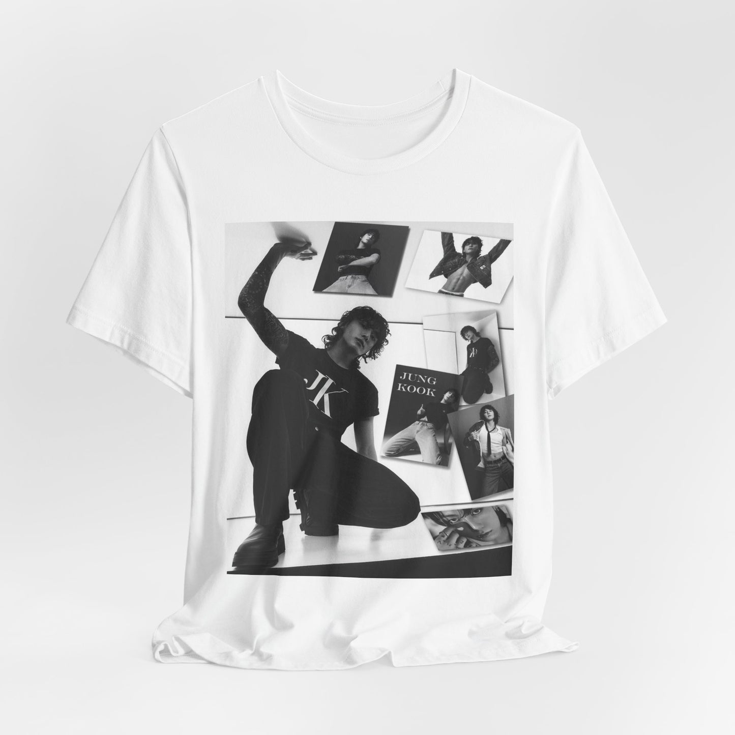 Draped Jungkook BTS Unisex T-Shirt in white – A raw and untamed design capturing Jungkook’s dynamic presence. A monochrome collage enhances the depth and energy of the moment. ModeK Vetements.