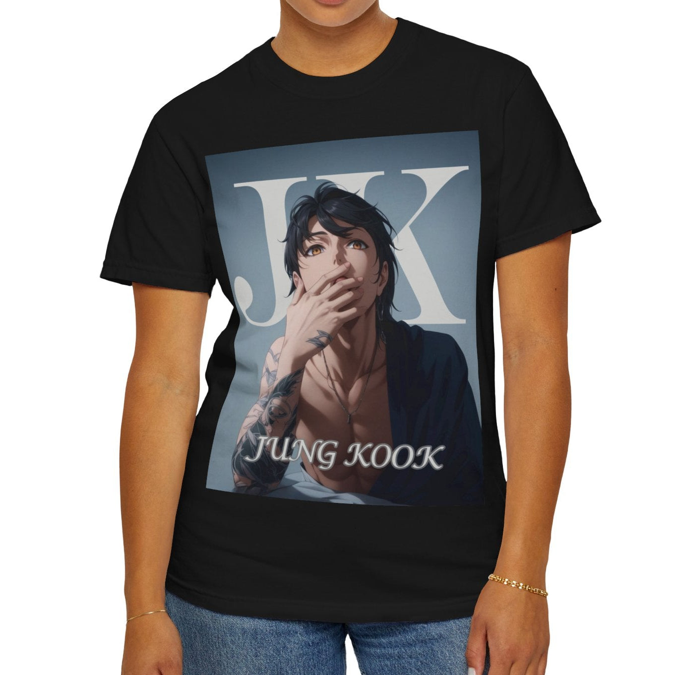 Anime-style unisex T-shirt in black, featuring Jungkook, blending K-pop stage presence with anime aesthetics. The design captures his intense gaze, flowing hair, and striking composition, creating a fusion of two beloved art forms. Printed on soft, breathable ring-spun cotton for comfort and style. ModeK Vetements.