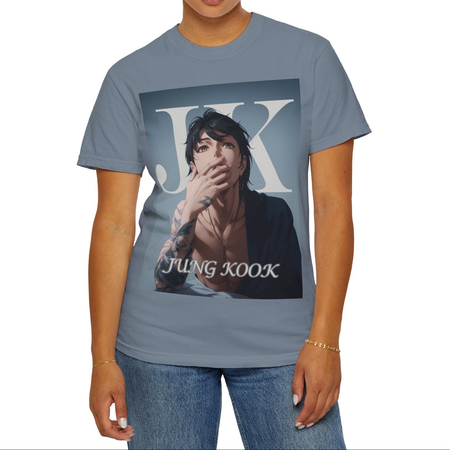 Anime-style unisex T-shirt in blue jean, featuring Jungkook, blending K-pop stage presence with anime aesthetics. The design captures his intense gaze, flowing hair, and striking composition, creating a fusion of two beloved art forms. Printed on soft, breathable ring-spun cotton for comfort and style. ModeK Vetements.