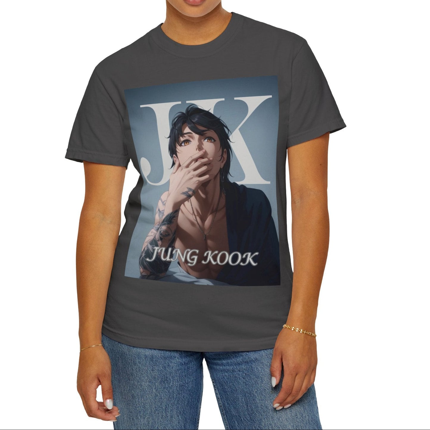 Anime-style unisex T-shirt in graphite, featuring Jungkook, blending K-pop stage presence with anime aesthetics. The design captures his intense gaze, flowing hair, and striking composition, creating a fusion of two beloved art forms. Printed on soft, breathable ring-spun cotton for comfort and style. ModeK Vetements.