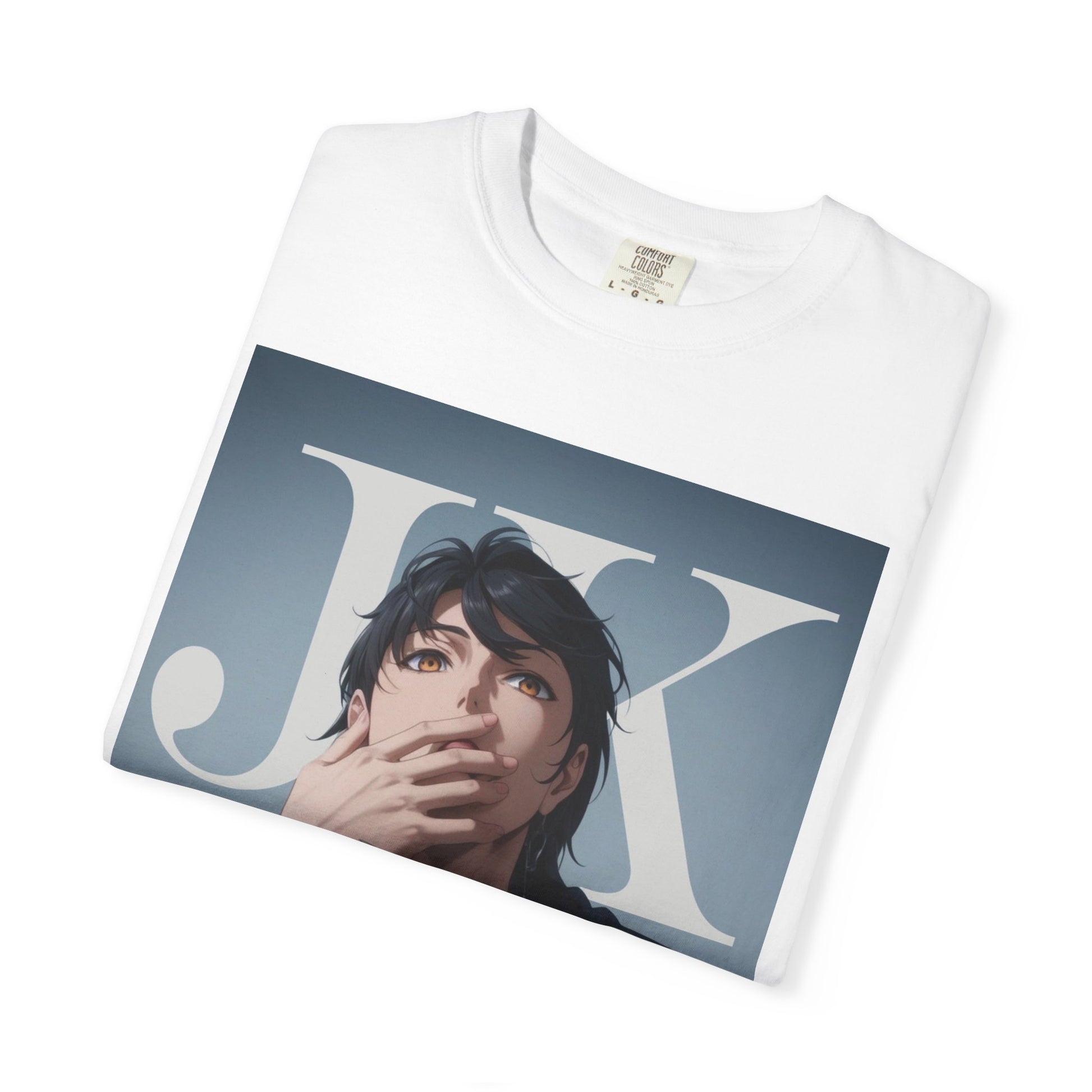 Folded Anime-style unisex T-shirt in white, featuring Jungkook, blending K-pop stage presence with anime aesthetics. The design captures his intense gaze, flowing hair, and striking composition, creating a fusion of two beloved art forms. Printed on soft, breathable ring-spun cotton for comfort and style. ModeK Vetements.